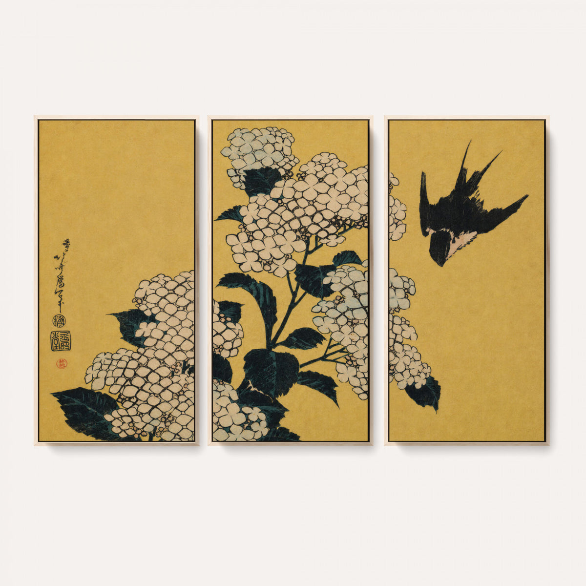92483501-MGV-CV-36X24 - Katsushika Hokusai Hydrangea and Swallow Wall Art Canvas Print, Japanese Woodblock Painting Print