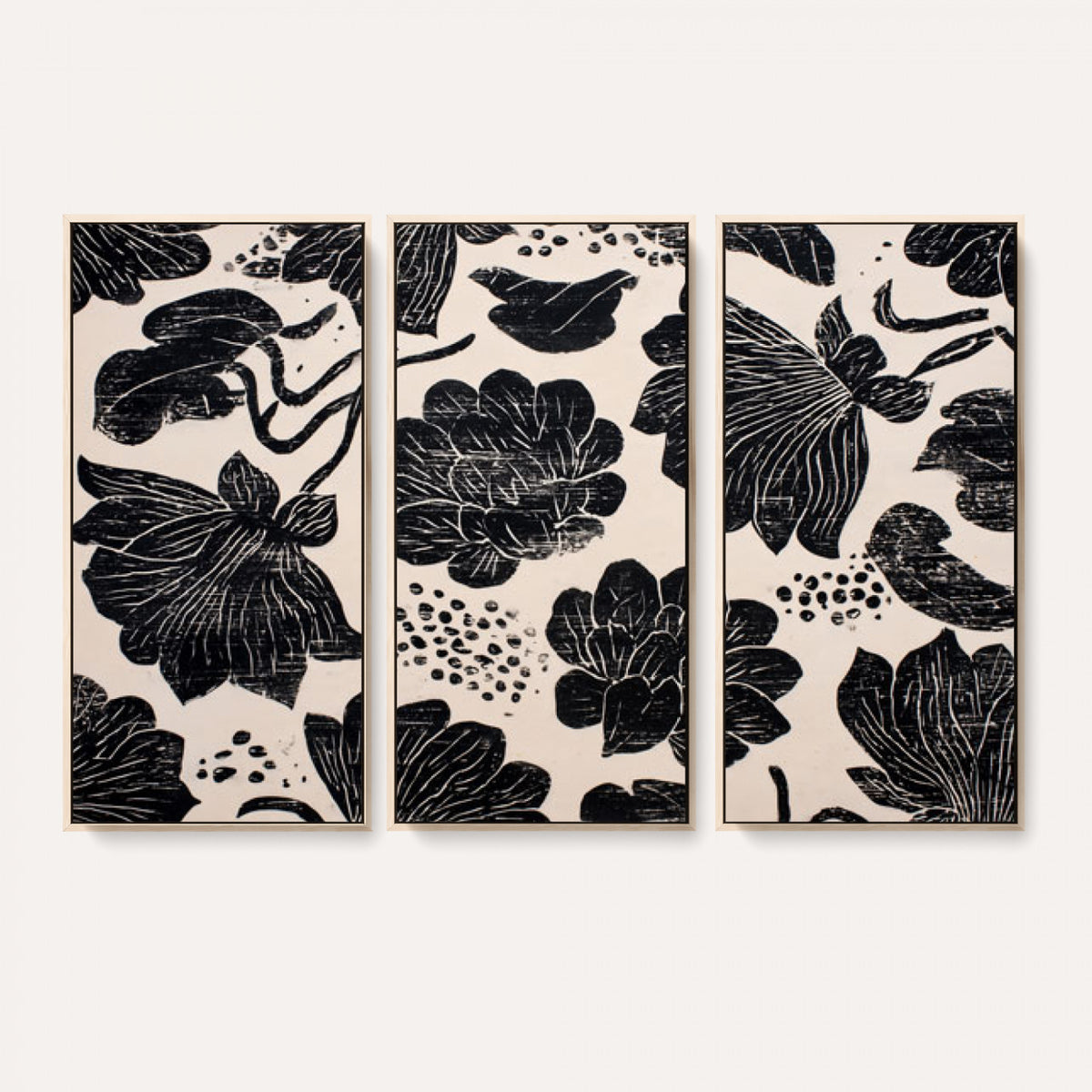 81787117-MGV-CV-36X24 - Linocut Black Lotus Floral Wall Art Canvas Print, Vintage Monochrome Botanical Painting Print