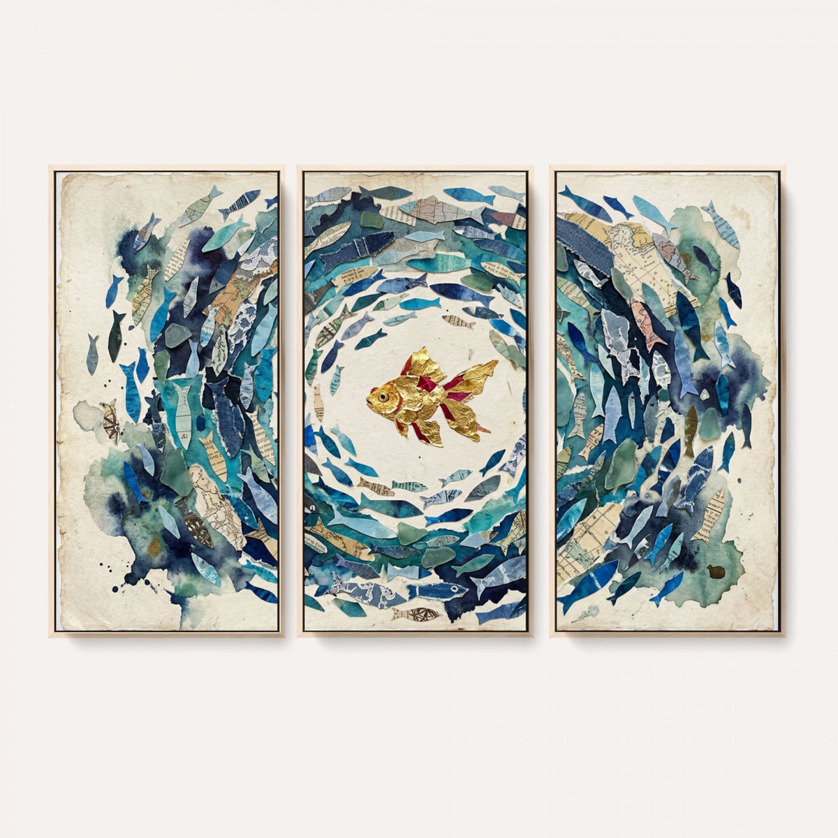73165663-MGV-CV-36X24 - Mixed Media Blue Fish Swirl Canvas Wall Art, Goldfish Collage Ocean Print