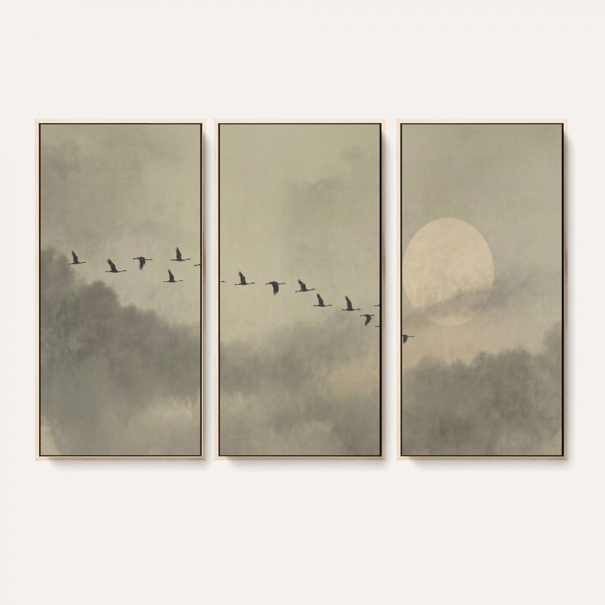1209814B-MGV-CV-36X24 - Flying Cranes Canvas Wall Art, Misty Landscape with Moon, Sage Green Japandi Decor, Framed Print