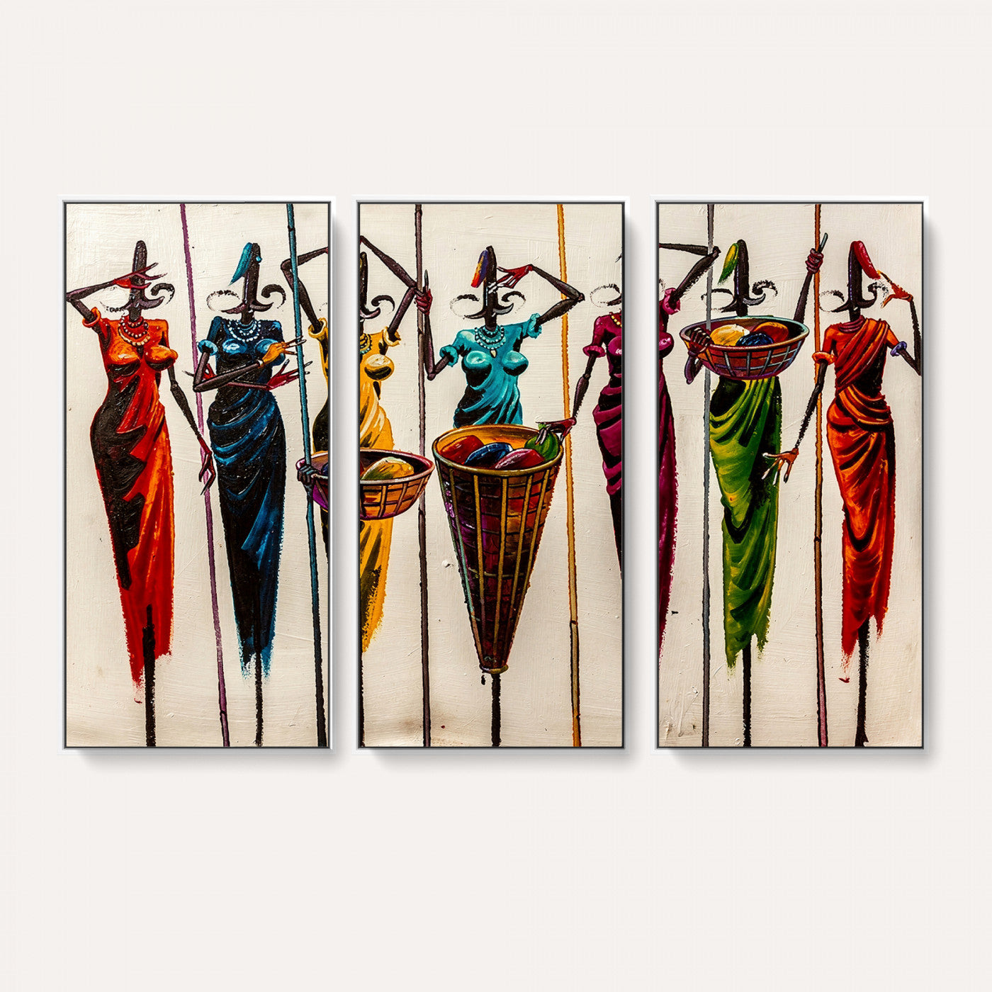 53545627-MGV-CV-36X24 - African Folk Art Canvas Wall Art, Colorful African Women Village Painting Print, Tribal Ethnic Home Decor, Vibrant African Art, Living Room