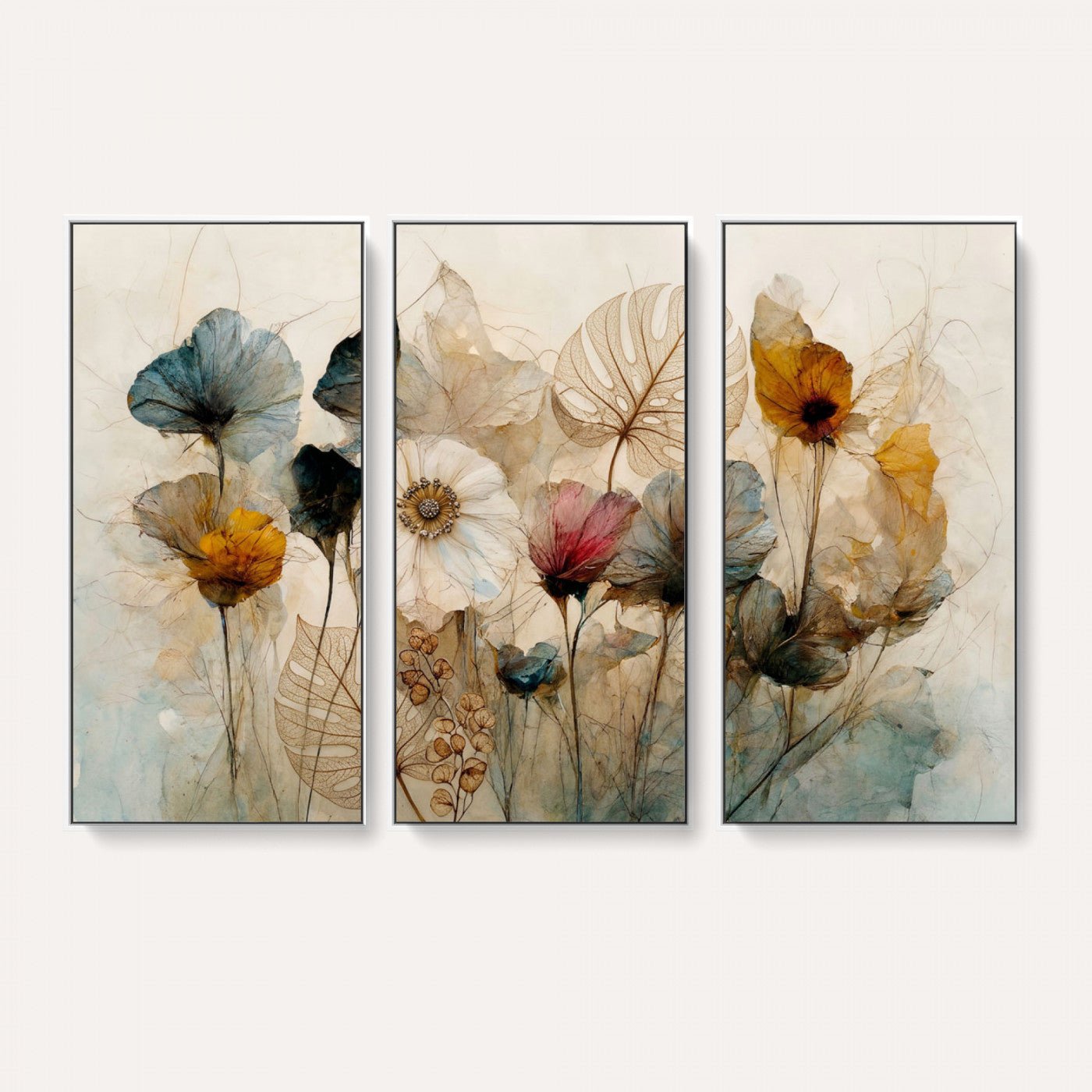 93171612-MGV-CV-36X24 - Vintage Dried Floral Meadow Wall Art Canvas Print, Translucent Watercolor Flowers Painting Print