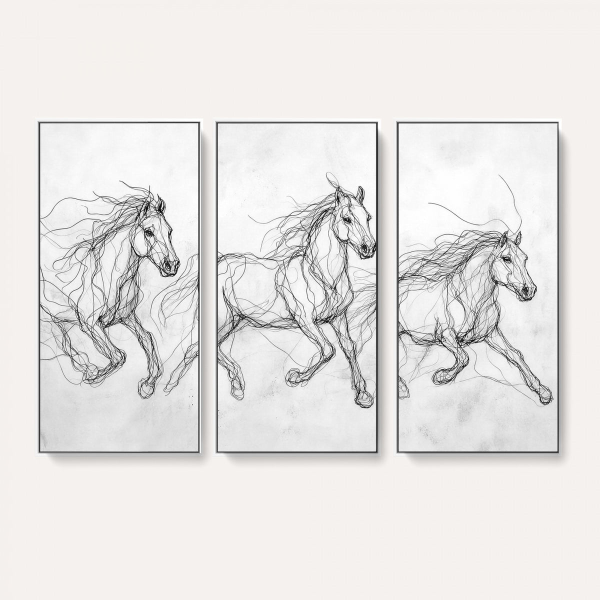 53600119-MGV-CV-36X24 - Monochrome Horse Canvas Wall Art, Black Ink Sketch Wild Horses Print, Minimalist Equestrian Artwork, Modern Abstract Line Decor, Urban Loft Gift