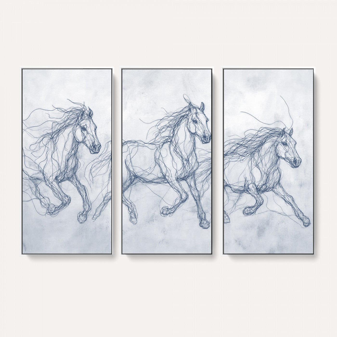 41163601-MGV-CV-36X24 - Indigo Blue Horse Line Art Canvas, Steel Grey Wild Horses Print, Abstract Navy Scribble Artwork, Modern Slate Equine Wall Decor, Coastal Ranch Gift