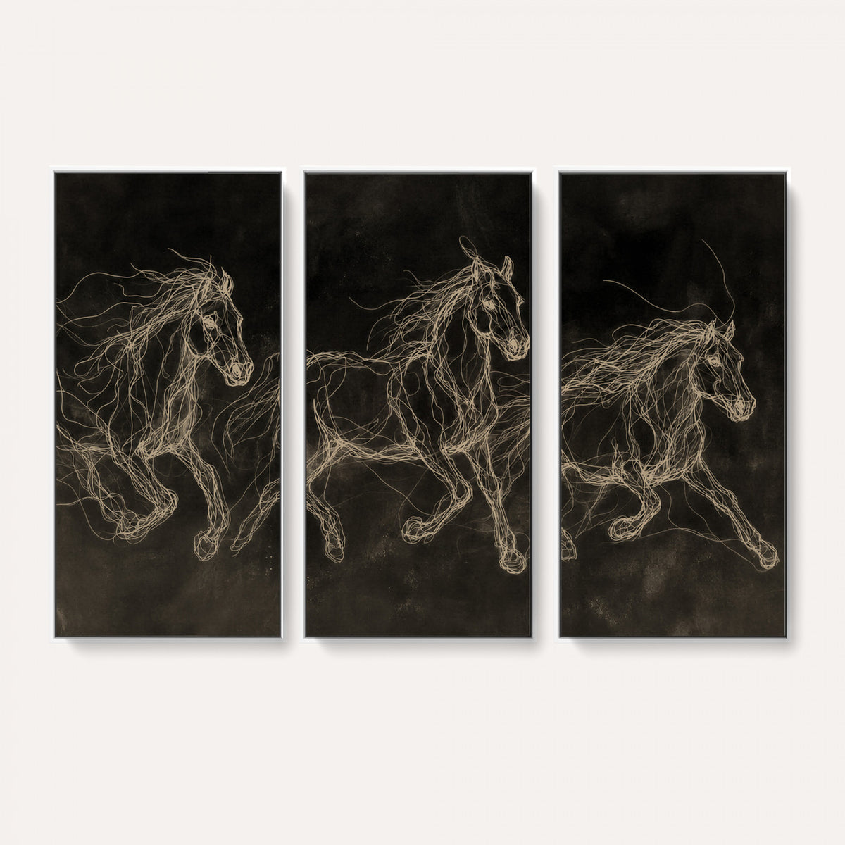 15344242-MGV-CV-36X24 - Dark Horse Line Art Canvas, Gold Scribble Wild Horses Print, Black Chalkboard Wall Art, Modern Luxury Equine Decor, Masculine Office Gift