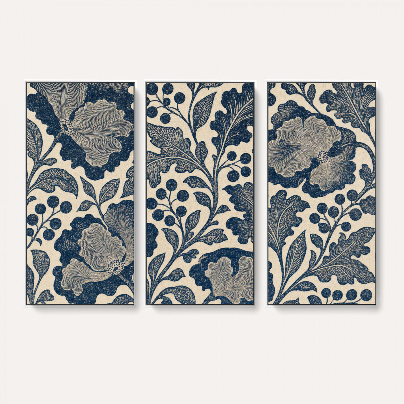 23824002-MGV-CV-36X24 - William Morris Style Navy Blue Floral Wall Art Canvas Print, Vintage Cream Botanical Painting Print