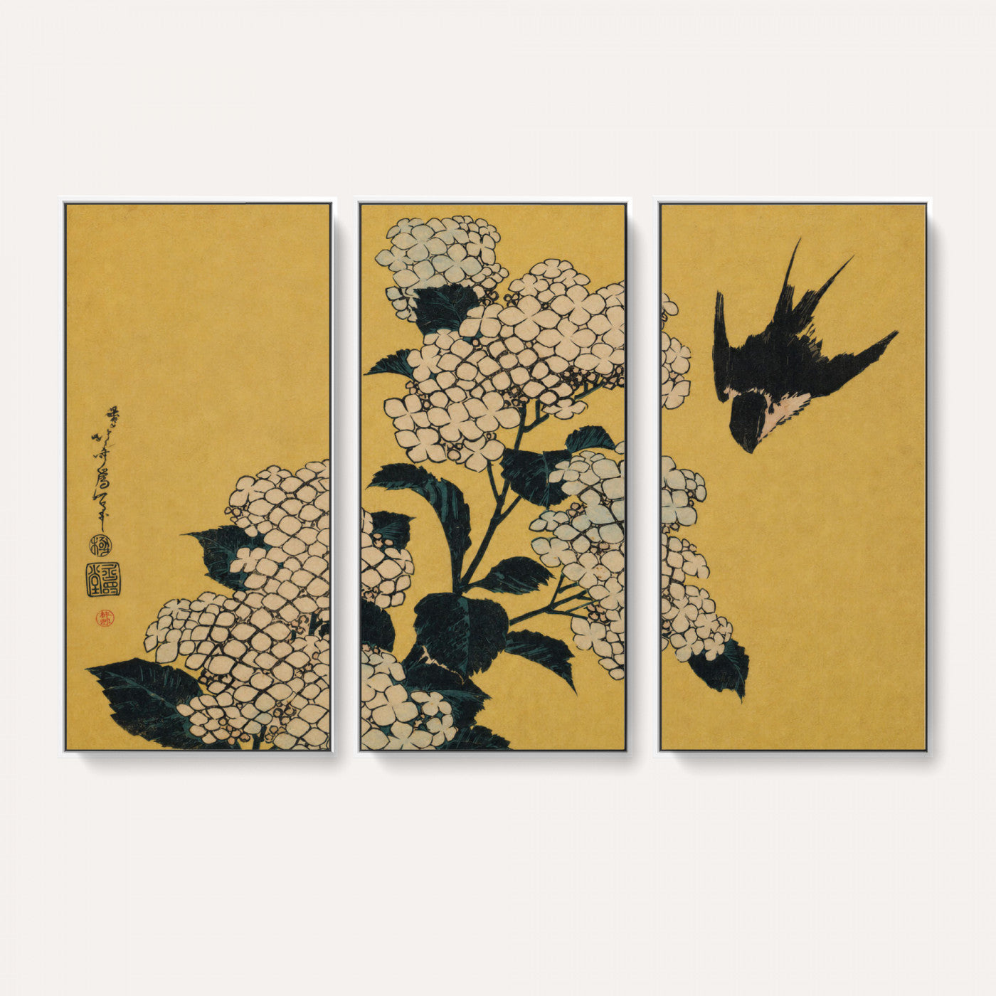 92483501-MGV-CV-36X24 - Katsushika Hokusai Hydrangea and Swallow Wall Art Canvas Print, Japanese Woodblock Painting Print