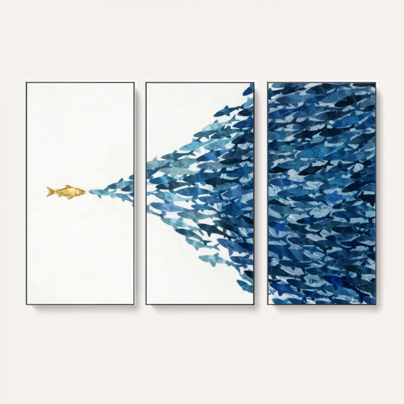 79089639-MGV-CV-36X24 - Abstract Blue Fish School Canvas Wall Art, Gold Foil Accent Marine Print
