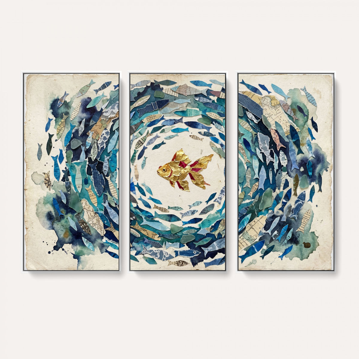 73165663-MGV-CV-36X24 - Mixed Media Blue Fish Swirl Canvas Wall Art, Goldfish Collage Ocean Print