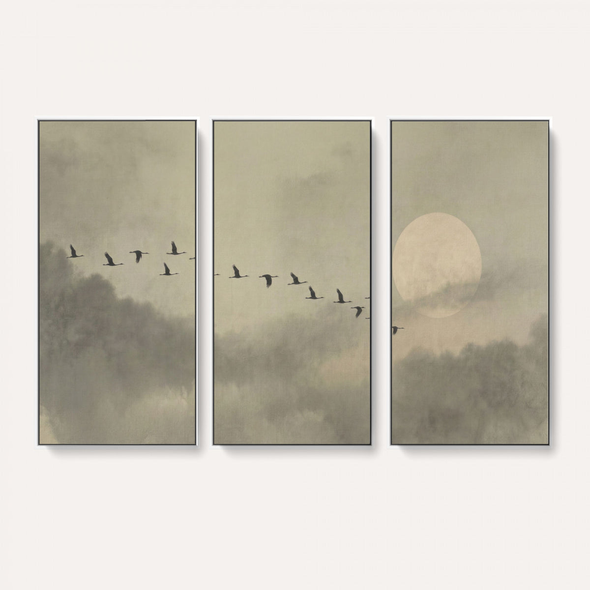 1209814B-MGV-CV-36X24 - Flying Cranes Canvas Wall Art, Misty Landscape with Moon, Sage Green Japandi Decor, Framed Print