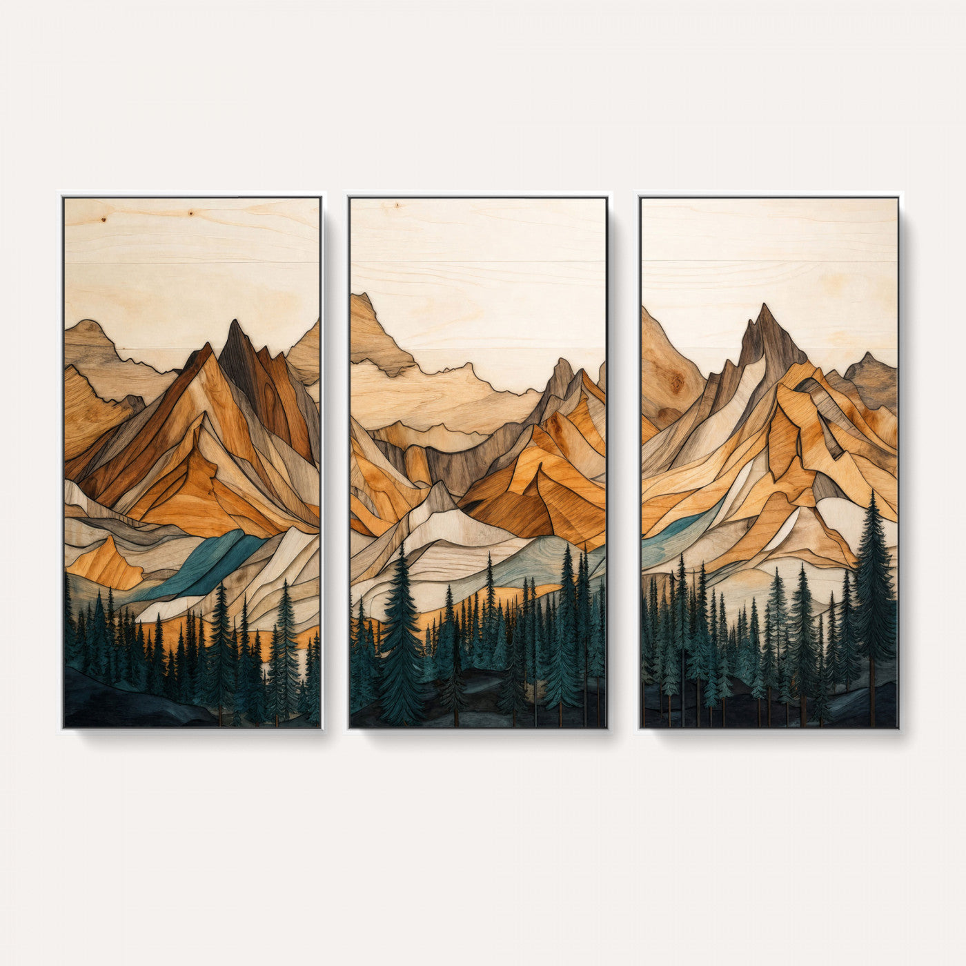 57384313-MGV-CV-48X32-3P - Mountain Landscape Canvas Wall Art with Wood Grain Effect, Golden Peaks and Teal Pine Forest, Framed Cabin Decor