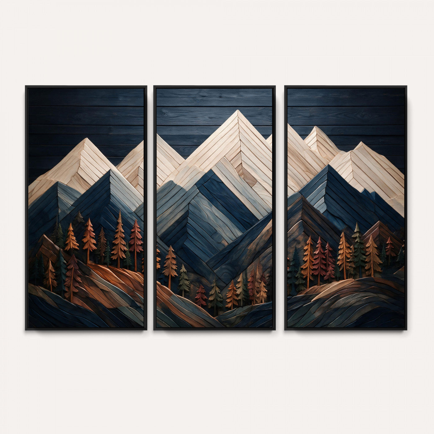 87765072-MGV-CV-36X24 - Geometric Wood Mountain Wall Art Canvas Print, 3D Look Rustic Mosaic Landscape Print