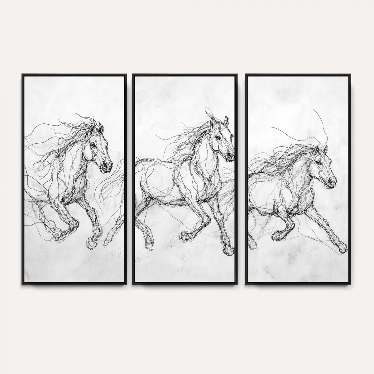 53600119-MGV-CV-36X24 - Monochrome Horse Canvas Wall Art, Black Ink Sketch Wild Horses Print, Minimalist Equestrian Artwork, Modern Abstract Line Decor, Urban Loft Gift