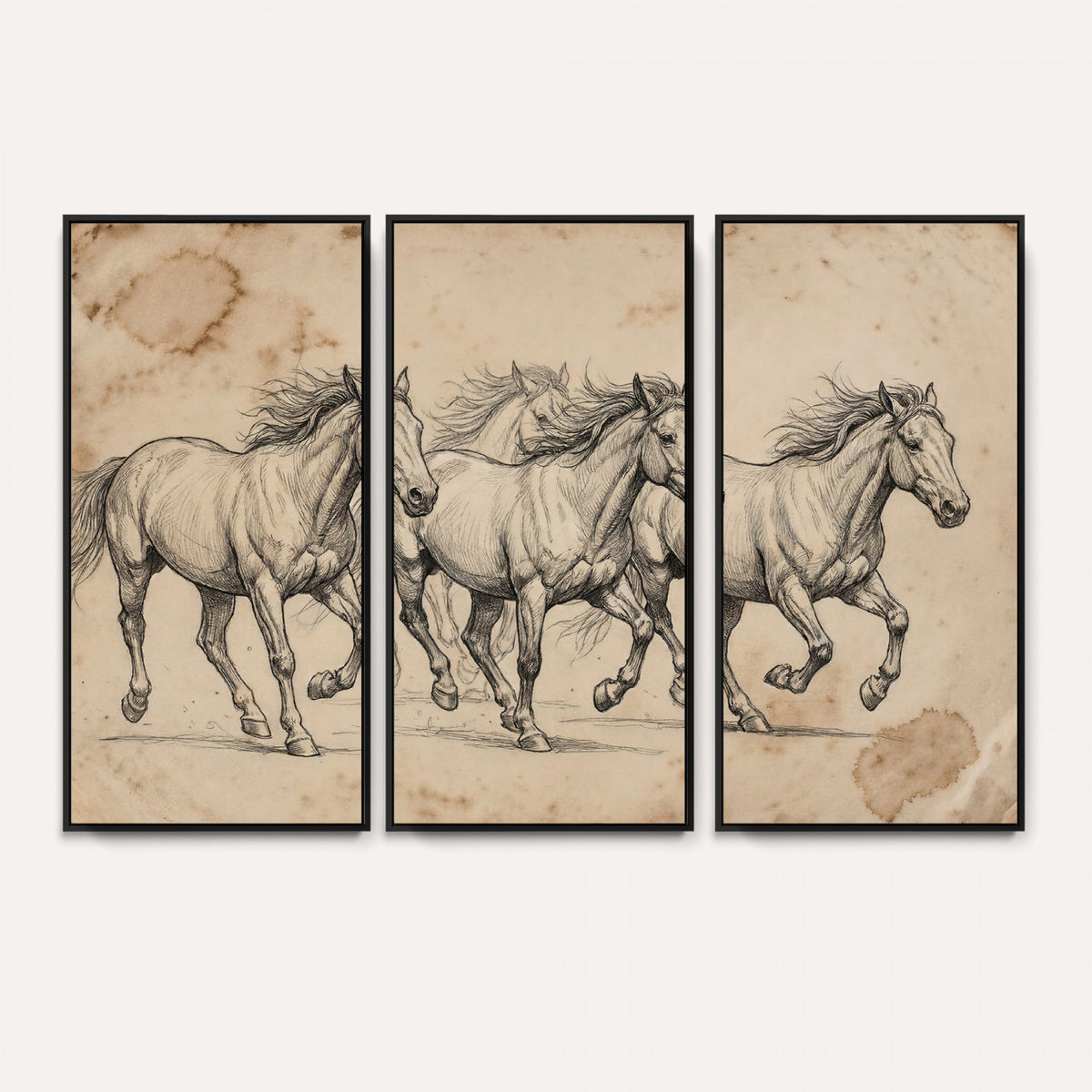 56046981-MGV-CV-36X24 - Sepia Wild Horses Canvas Art, Antique Pencil Drawing Print, Vintage Gallery Wall Decor, Rustic Equestrian Artwork, Traditional Den Gift