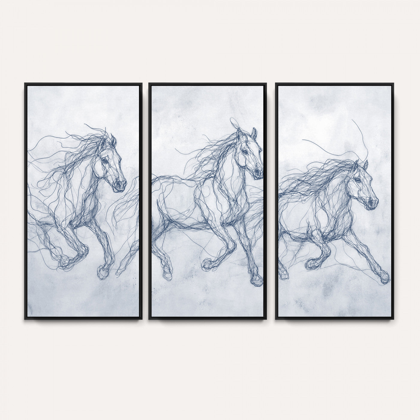 41163601-MGV-CV-36X24 - Indigo Blue Horse Line Art Canvas, Steel Grey Wild Horses Print, Abstract Navy Scribble Artwork, Modern Slate Equine Wall Decor, Coastal Ranch Gift