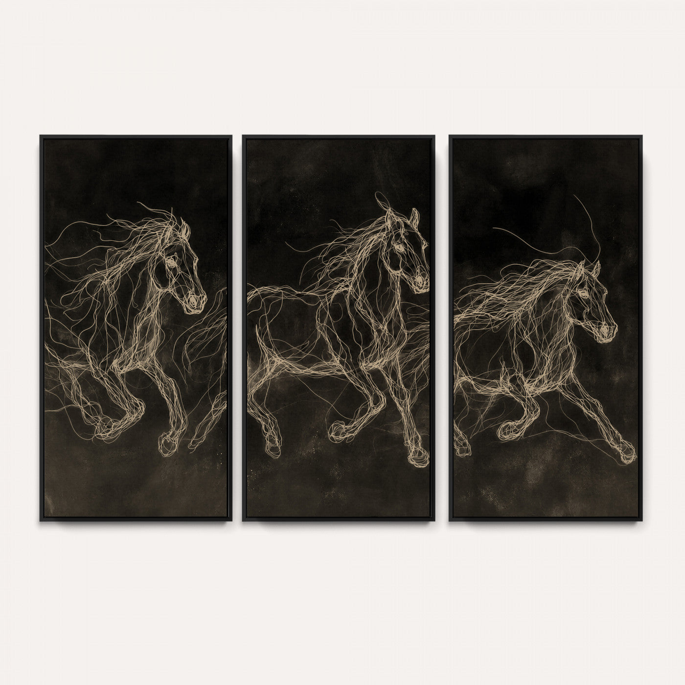 15344242-MGV-CV-36X24 - Dark Horse Line Art Canvas, Gold Scribble Wild Horses Print, Black Chalkboard Wall Art, Modern Luxury Equine Decor, Masculine Office Gift