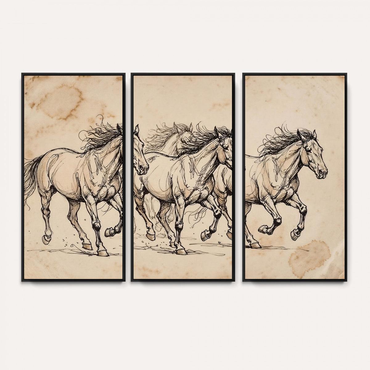 18242163-MGV-CV-36X24 - Vintage Horse Sketch Canvas Wall Art, Wild Horses Pencil Drawing Print, Antique Parchment Western Decor, Equine Sketching, Country Manor Gift