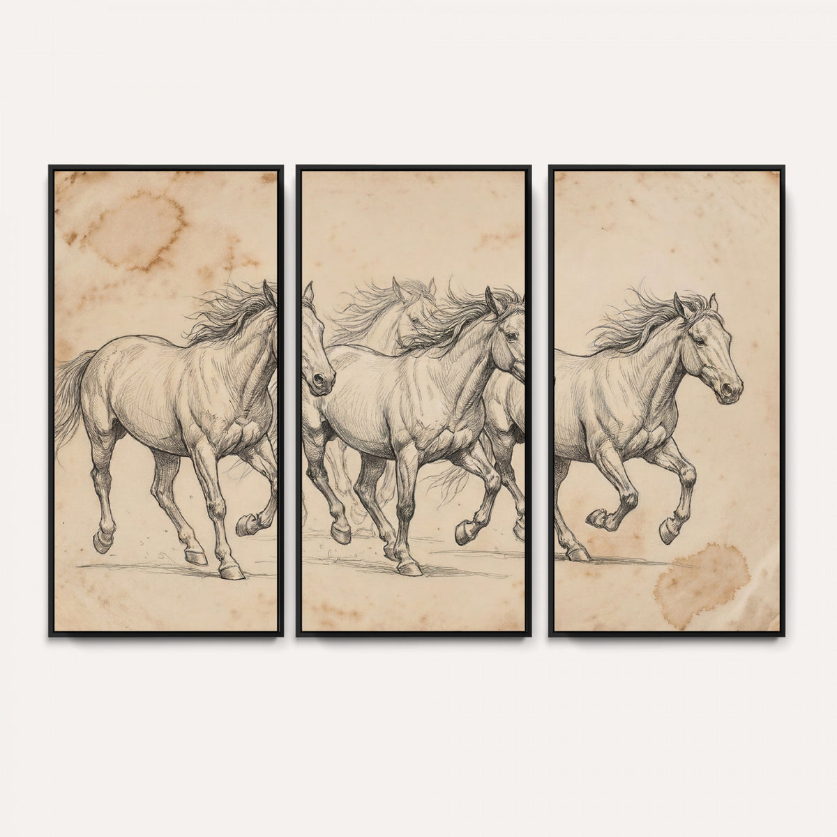 16644391-MGV-CV-36X24 - Vintage Horse Sketch Canvas Wall Art, Wild Horses Pencil Drawing Print, Antique Parchment Western Decor, Equine Sketching, Country Manor Gift