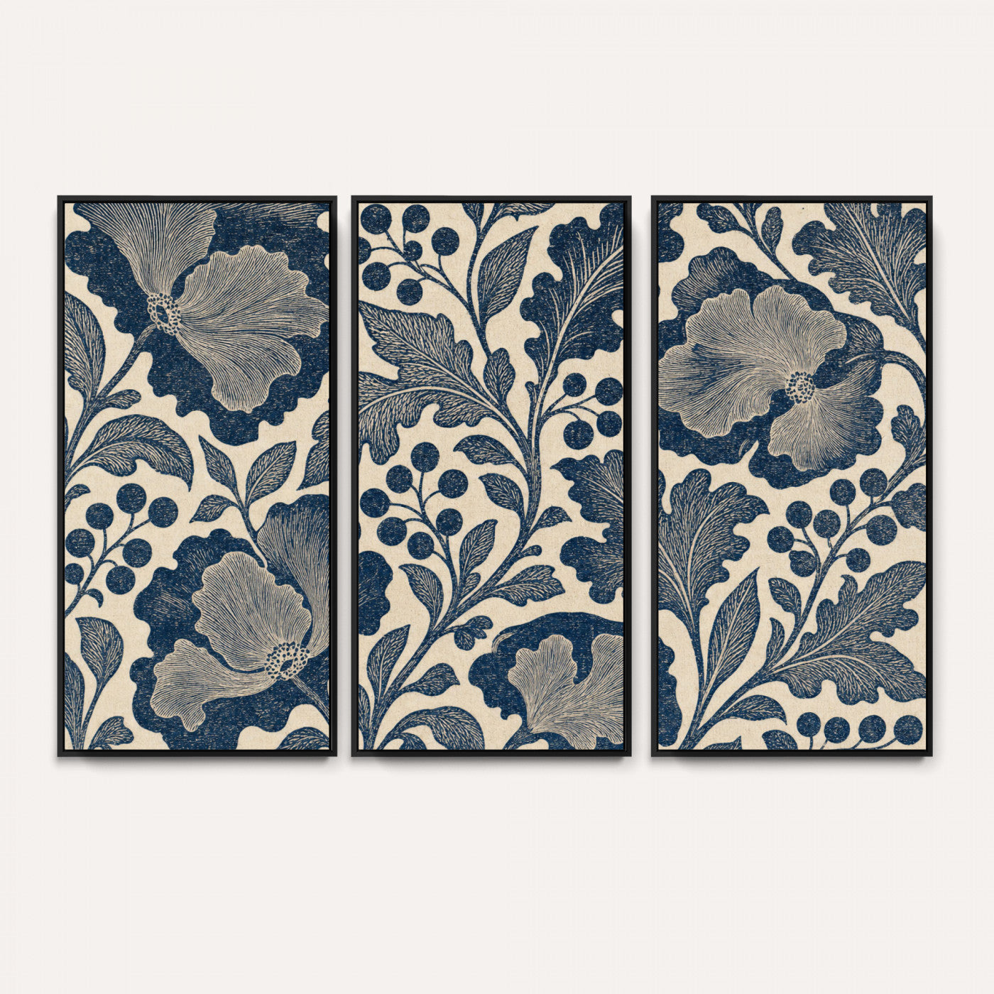 23824002-MGV-CV-36X24 - William Morris Style Navy Blue Floral Wall Art Canvas Print, Vintage Cream Botanical Painting Print