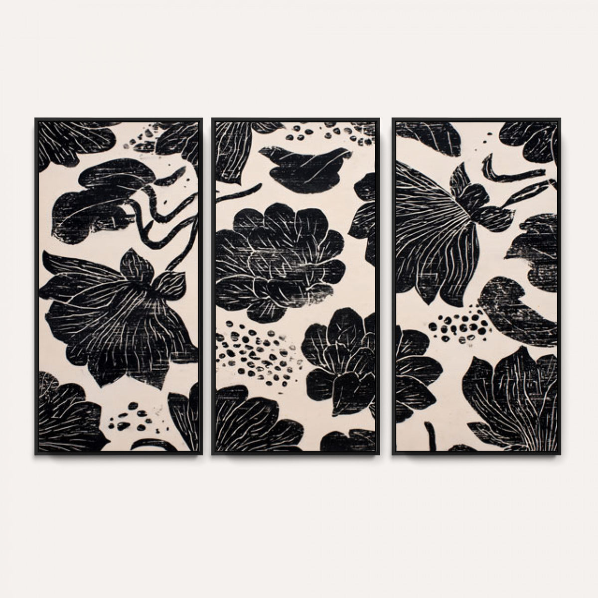 81787117-MGV-CV-36X24 - Linocut Black Lotus Floral Wall Art Canvas Print, Vintage Monochrome Botanical Painting Print