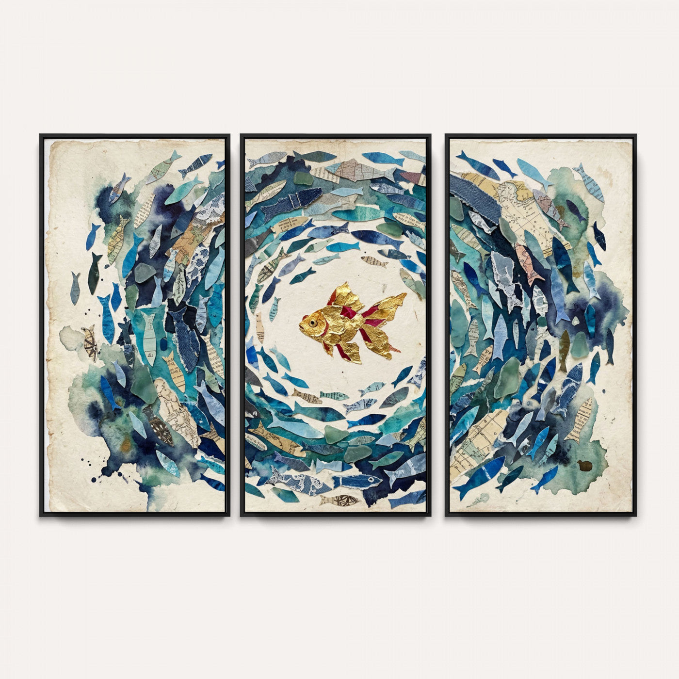 73165663-MGV-CV-36X24 - Mixed Media Blue Fish Swirl Canvas Wall Art, Goldfish Collage Ocean Print