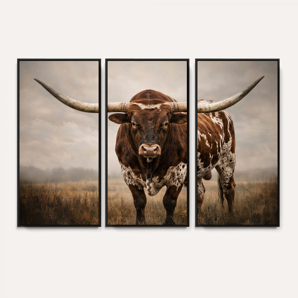 25239047A-MGV-CV-36X24 - Texas Longhorn Canvas Wall Art Western Bull Desert Moody Grey Overcast Rustic Farmhouse Framed Large for Living Room Bedroom Office Decor