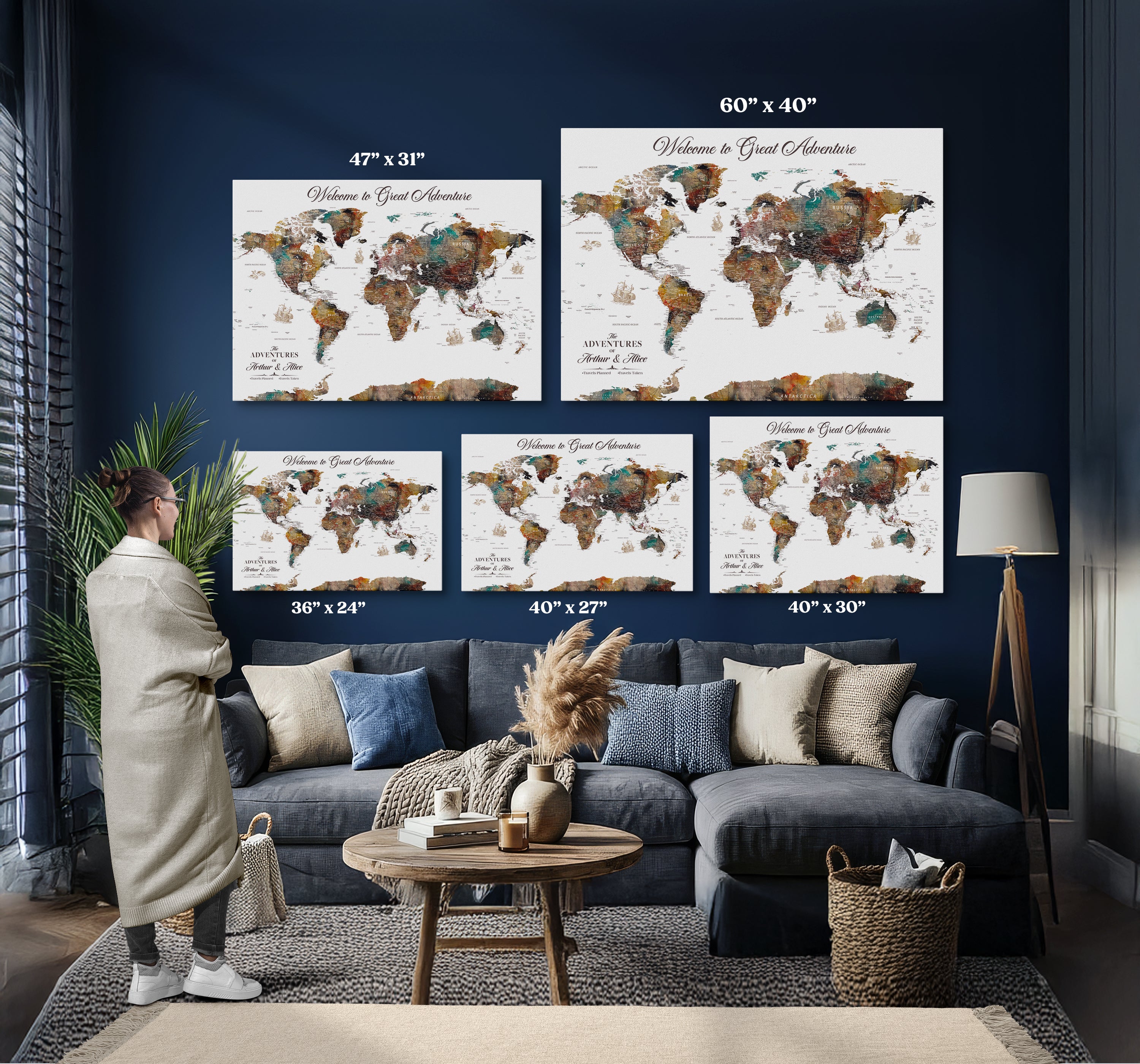 61351027-MGV-CV-36X24-Push Pin World Map Canvas Print – Travel Tracker Wall Art for Couples, Perfect Anniversary Gift for Home or Office Decor