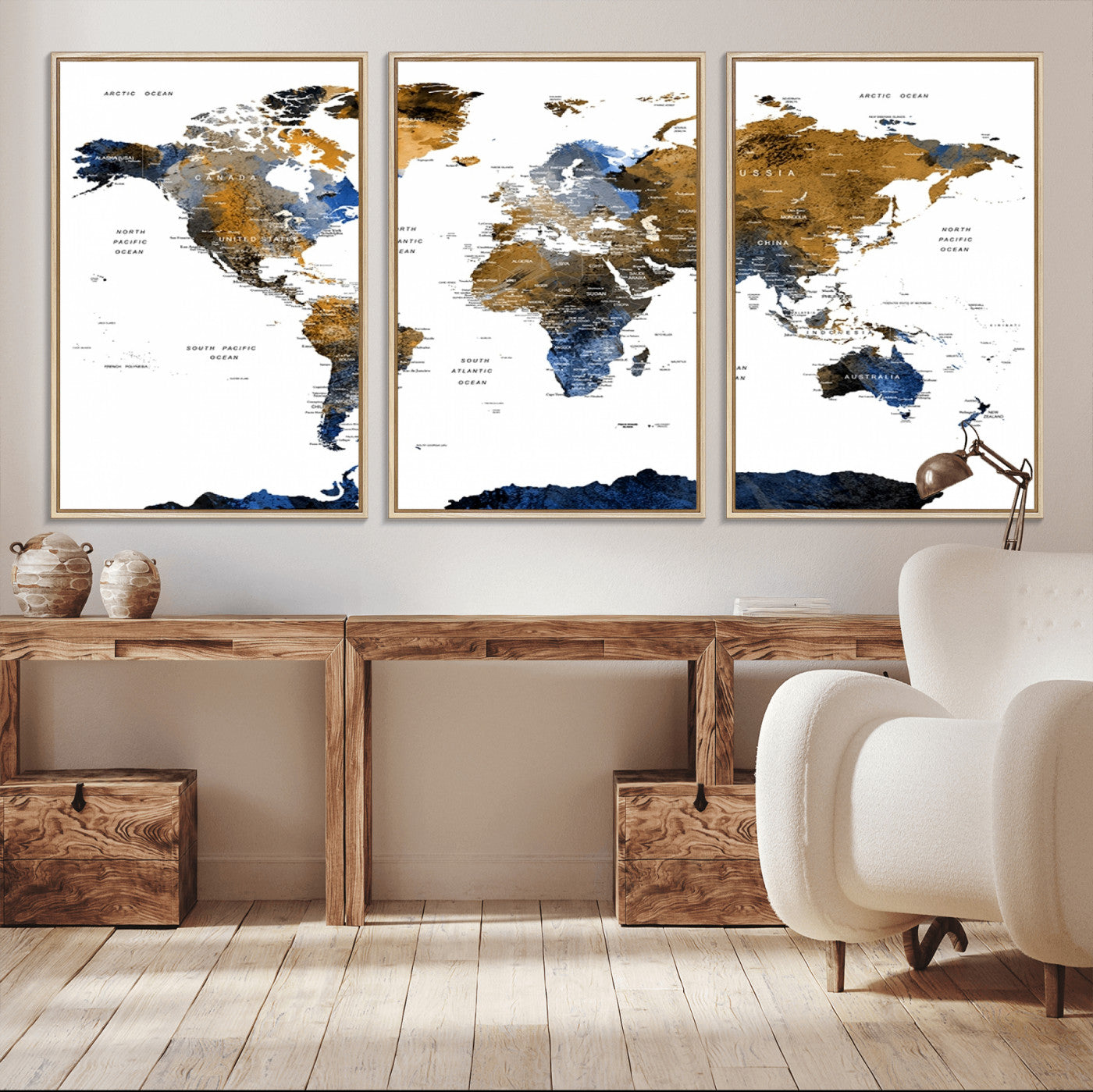 56231-MGV-CV-36X24-Navy and Gold World Map Canvas Wall Art – Framed Modern World Map Print, Elegant Travel Inspired Artwork for Home and Office Decor