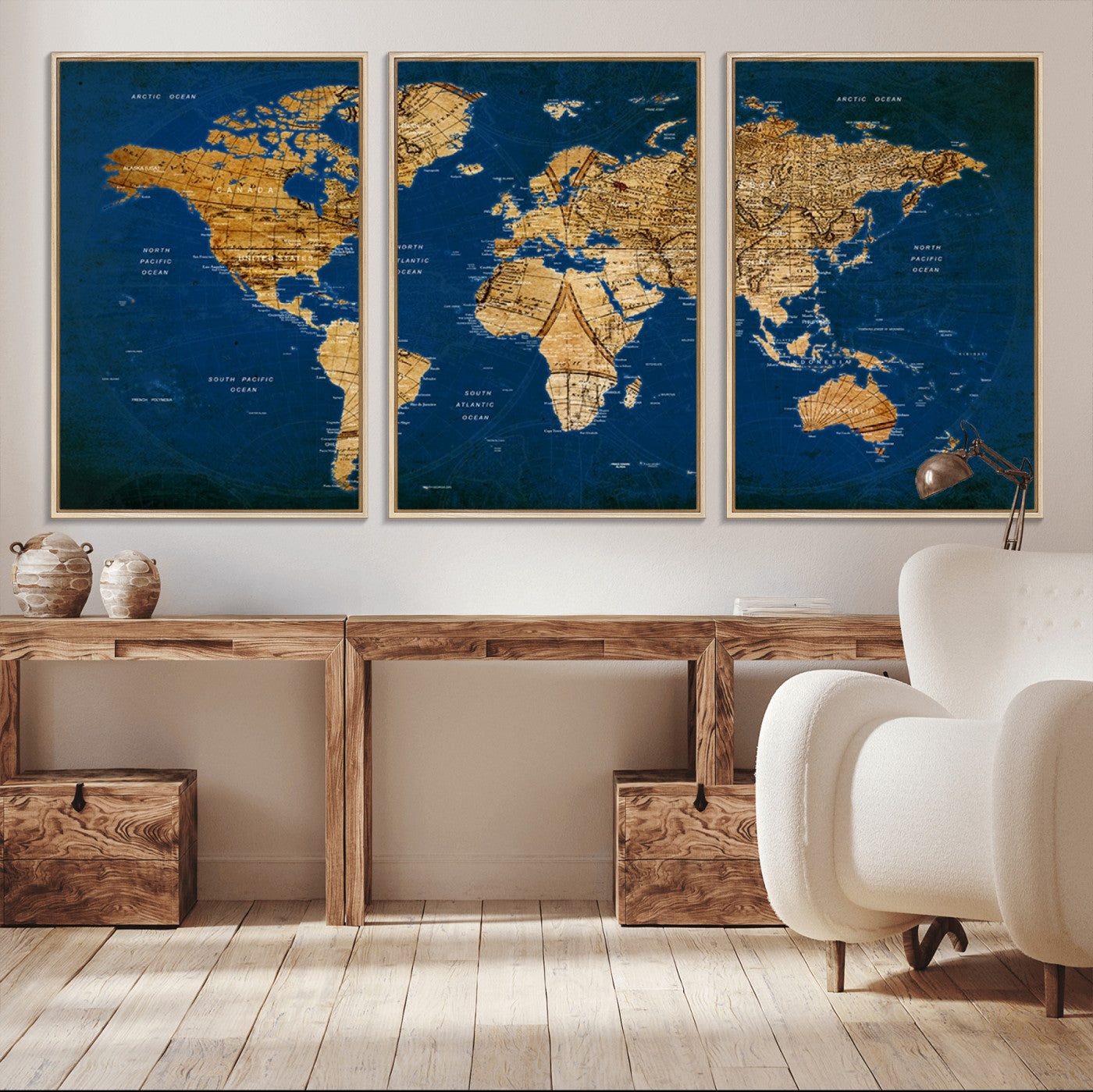 -Navy Blue and Gold World Map Canvas Print – Framed Luxury Push Pin Wall Art, Elegant Vintage Travel Map Decor for Home or Office