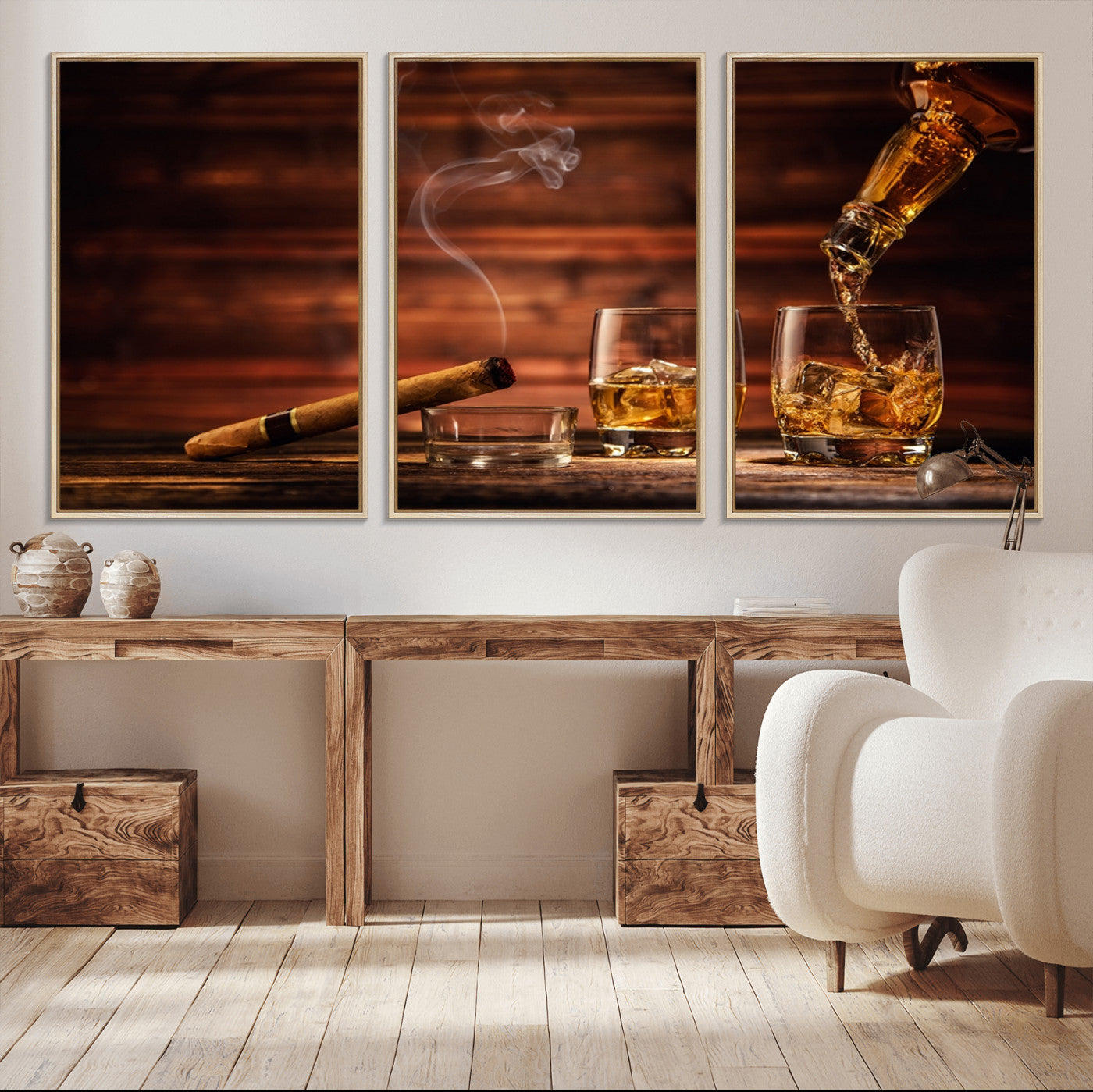 91042-MGV-FC-60X30-3P_Natural-Whiskey and Cigar Wall Art Canvas | 3 Panel Bar Room Decor for Home Lounge, Office, or Man Cave |
