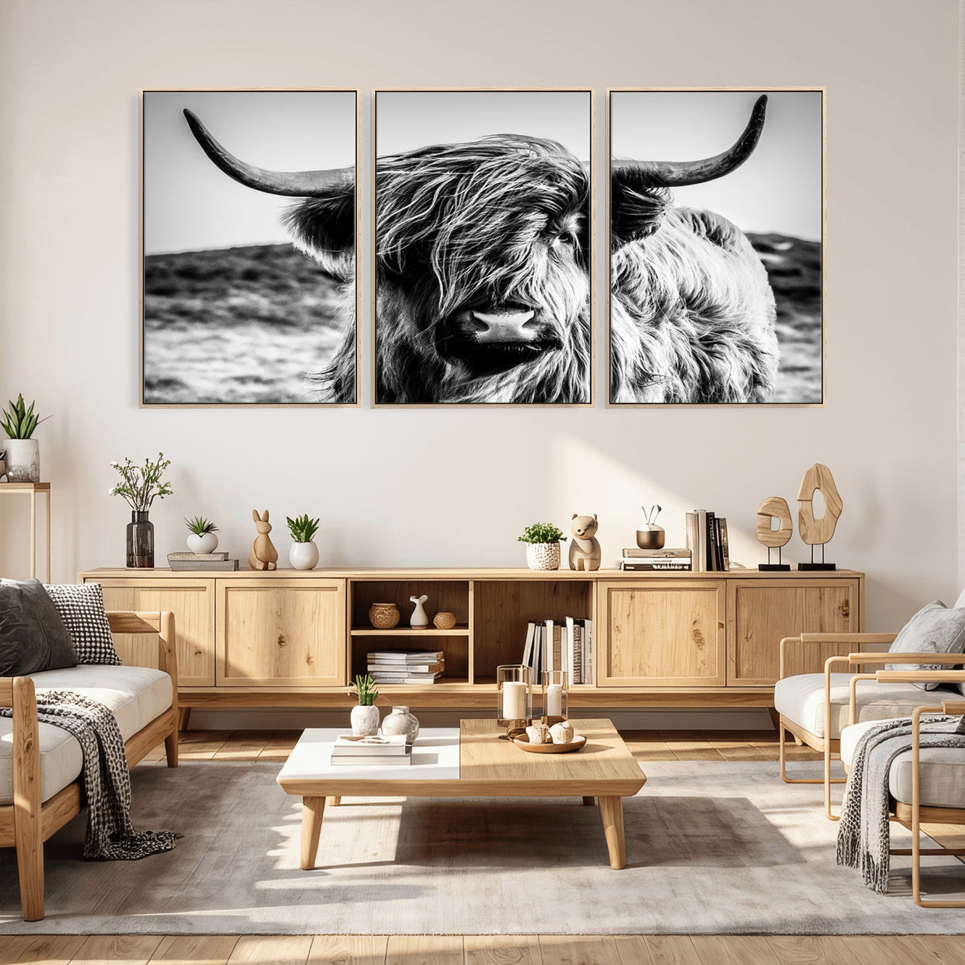 54309-MGV-CV-36X24 - Black and White Scottish Cow Canvas Wall Art Highland Cattle Canvas Print Framed Ready to Hang Original Cotton Canvas High Quality Image Multi Panel Wall Art Printable Artwork for Walls