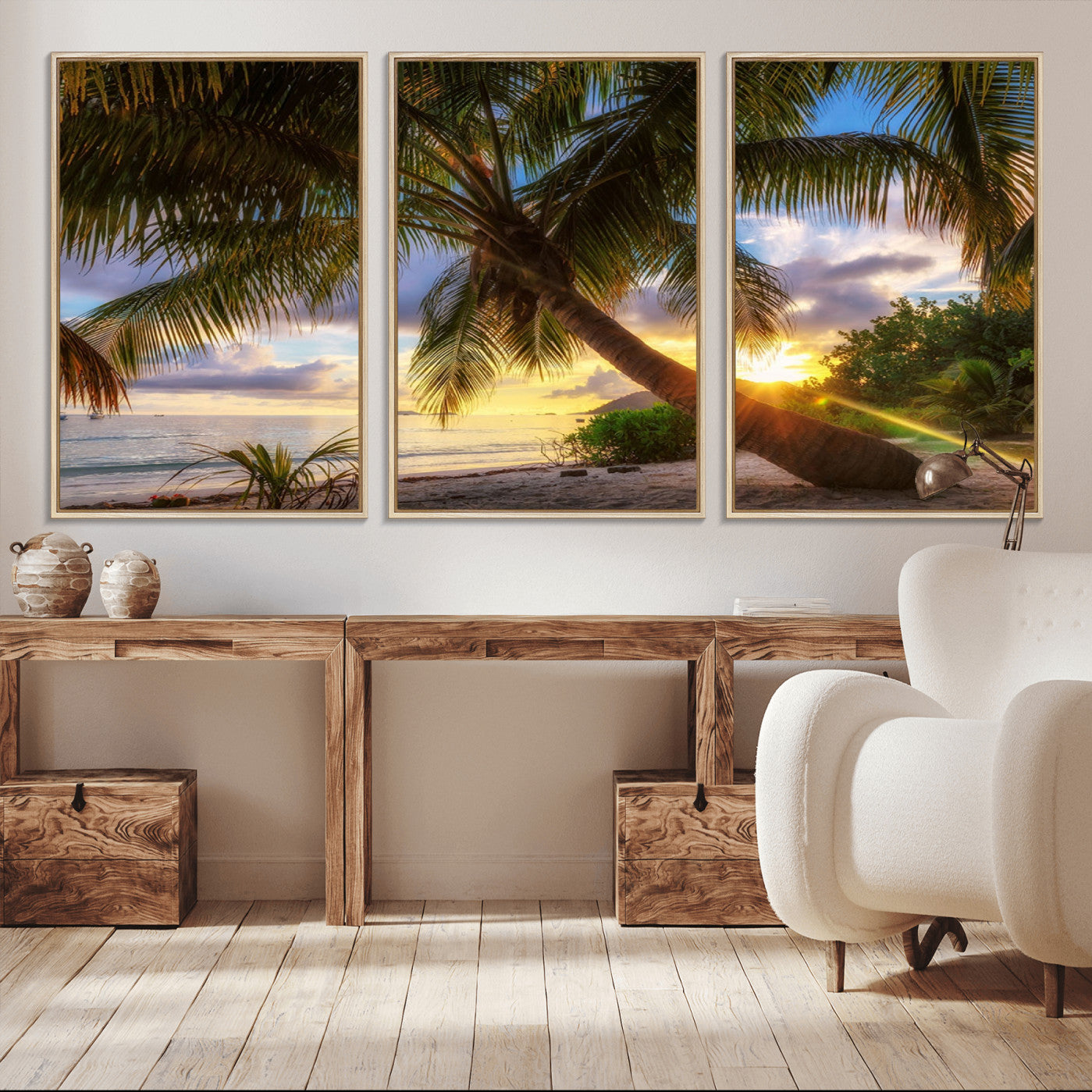 -Tropical Island Sunset on the Beach Palms Wall Art Canvas Print