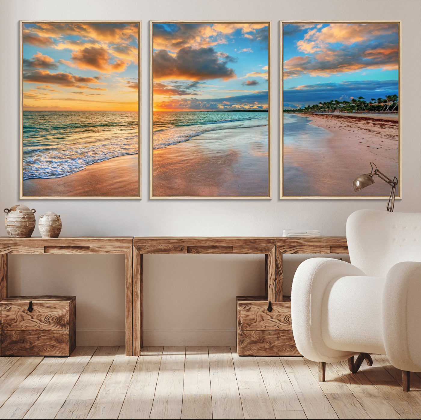 41572-MGV-CV-36X24-Sunset Ocean Waves on Tropical Beach, 3-Panel Giclee Canvas Art for Coastal Home Decor, Framed