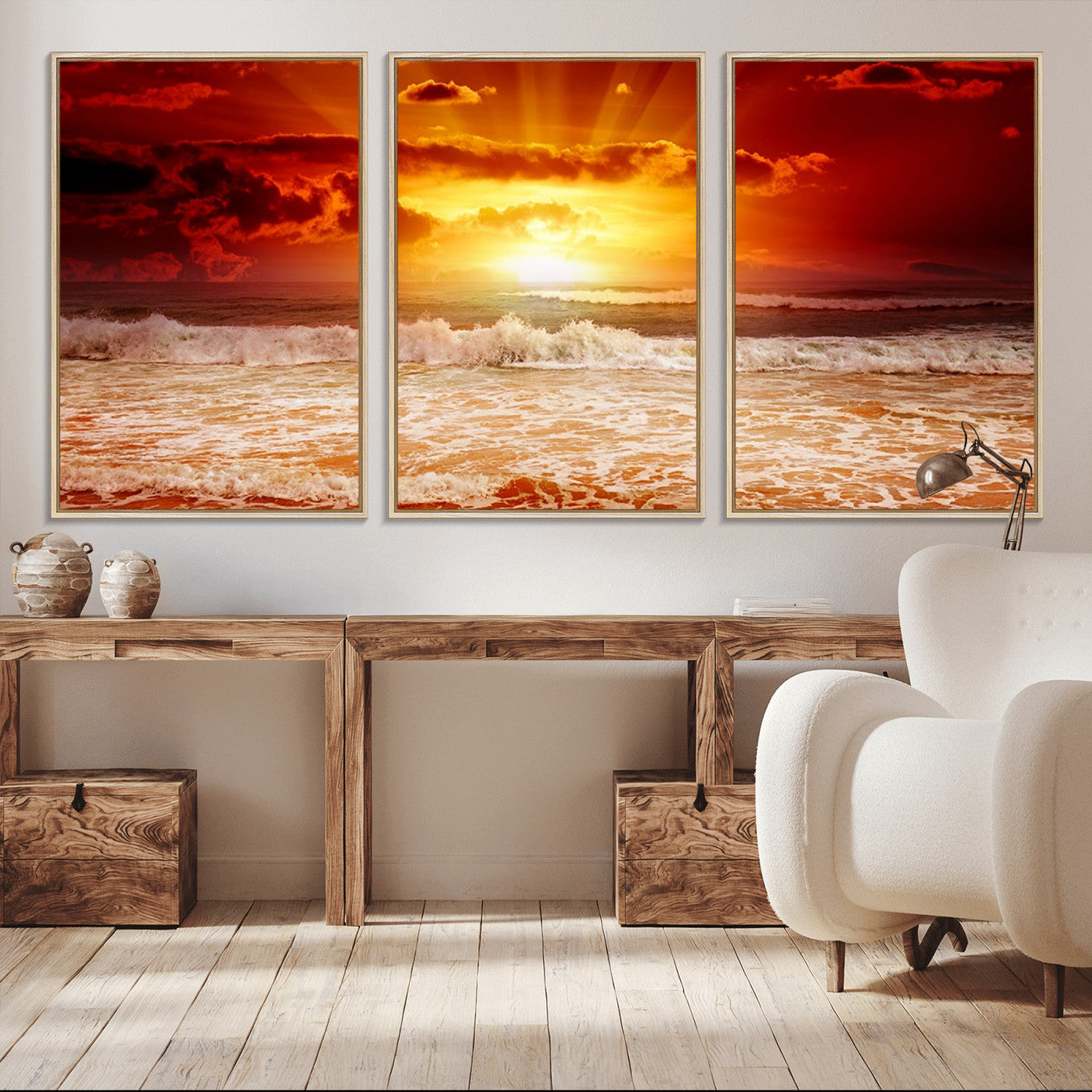 60211-MGV-FC-60X30-3P_Natural-Red Sunset Ocean Beach Canvas Wall Art Beach Canvas, Coastal Sunset Print