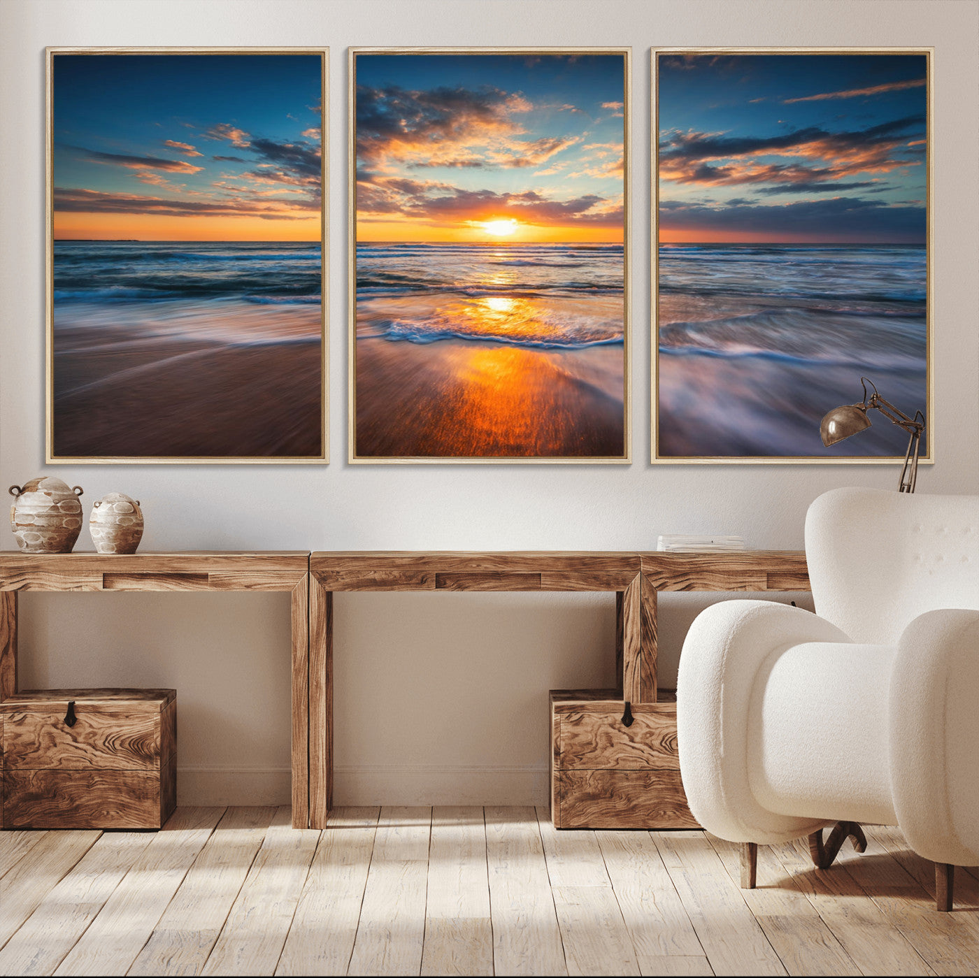 -Sunset on the Ocean Beach with Waves, Reflections on Sand, Coastal Wall Art Print, Beach Wall Art,