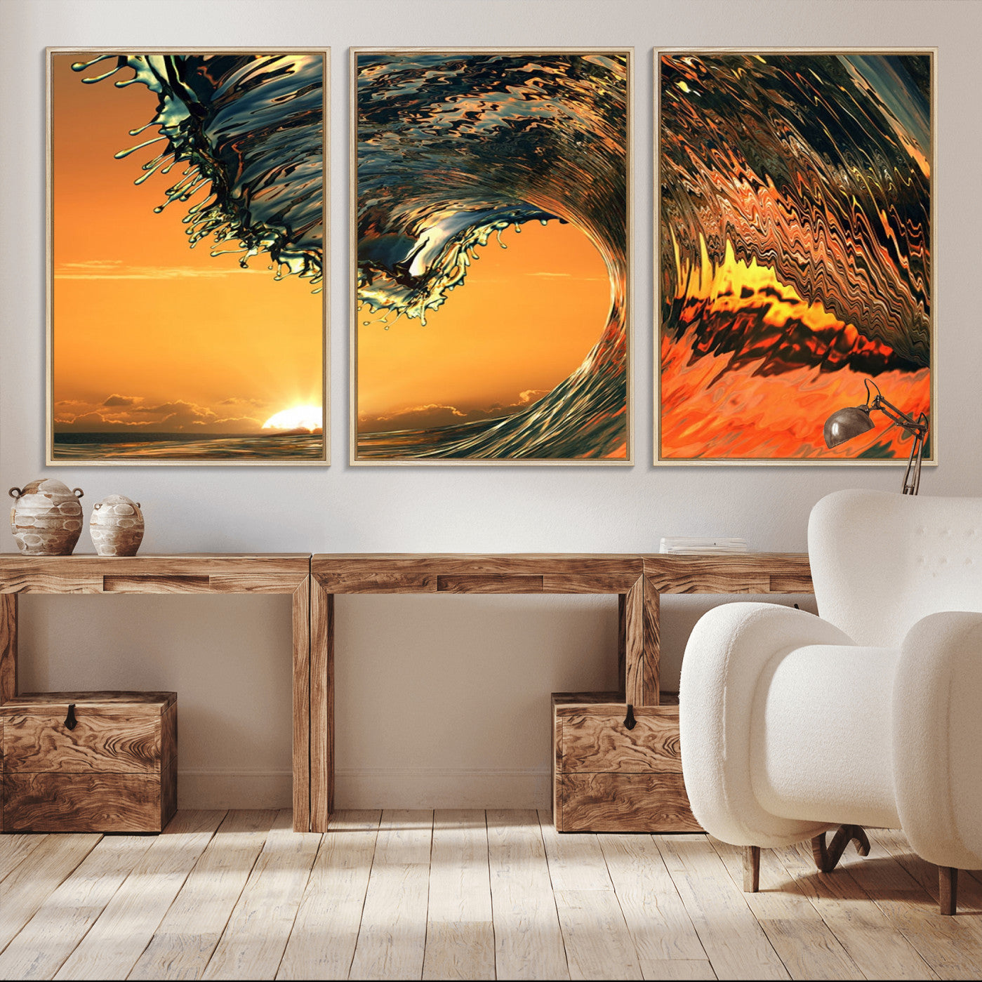 -Surf Wave Sunset Canvas Wall Art Print, 3-Panel Ocean Coastal Wall Art Print, Ocean Decor for