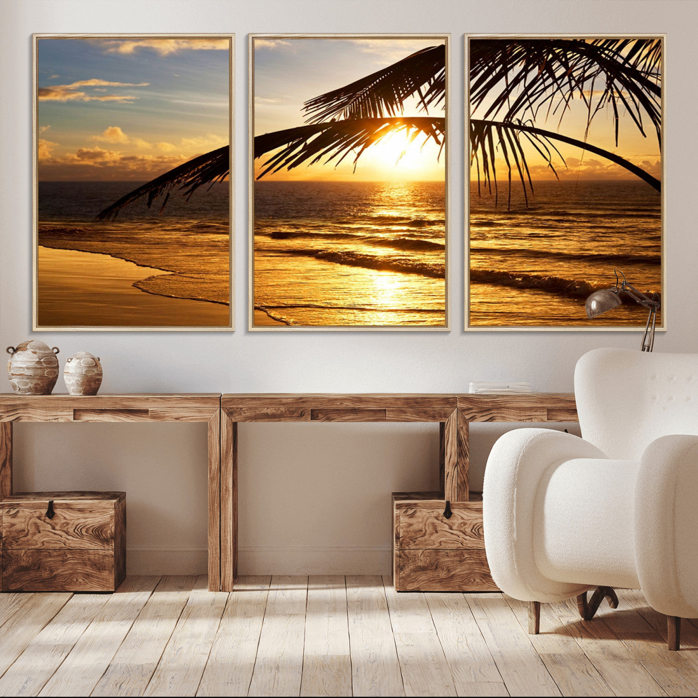 41507-MGV-FC-60X30-3P_Natural-Golden Tropical Beach Sunset Canvas Triptych, Coastal Palm Tree Wall Art, Ocean Shoreline Giclee