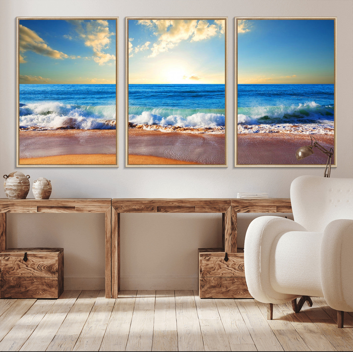 50522-MGV-FC-60X30-3P_Natural-Tropical Beach Sunset Canvas Art, Ocean Waves and Sandy Shoreline Wall Art, Large Beach Decor for