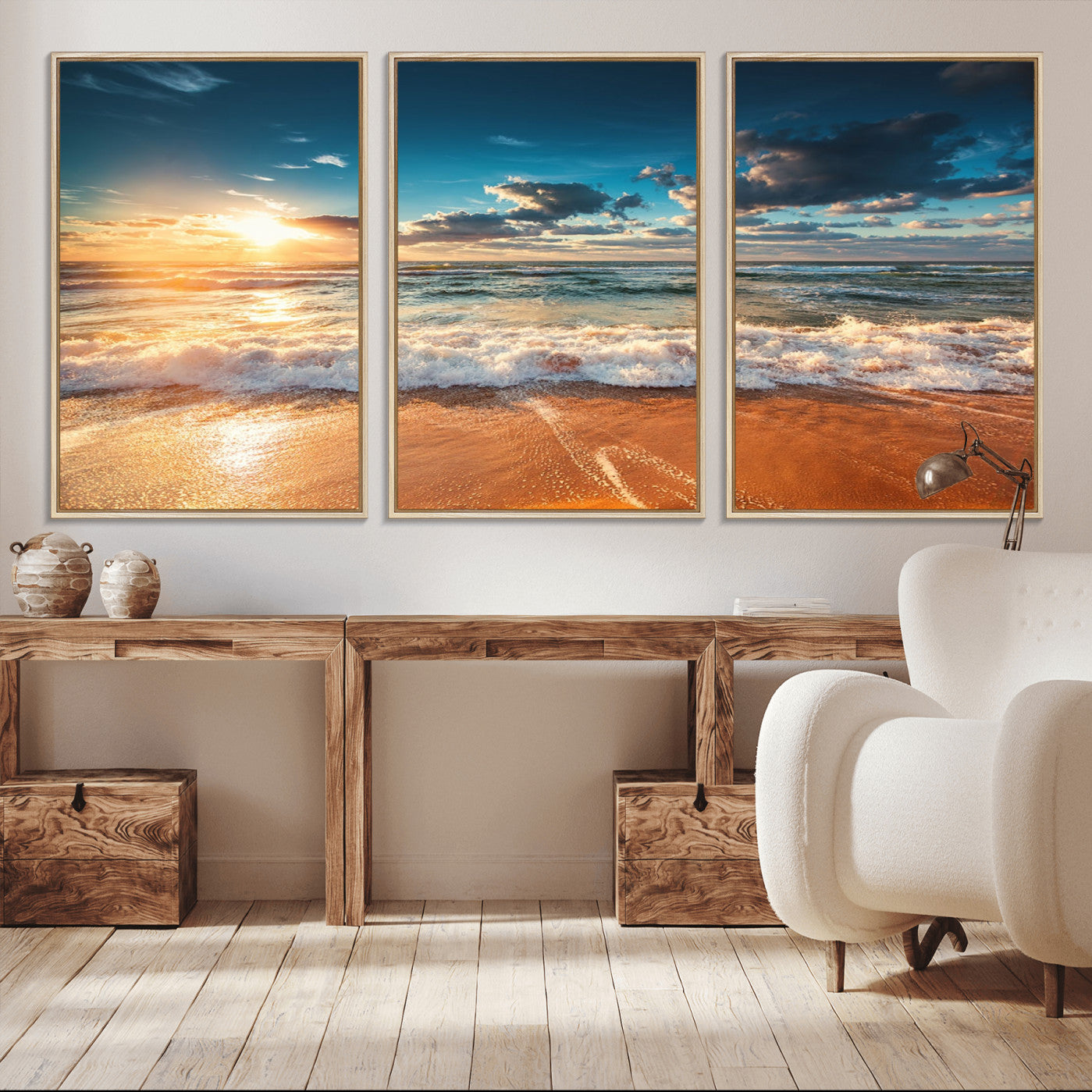 -Golden Sunset Beach Triptych Canvas Art, Giclee Coastal Wall Decor, Ocean Waves Print, Modern Beach