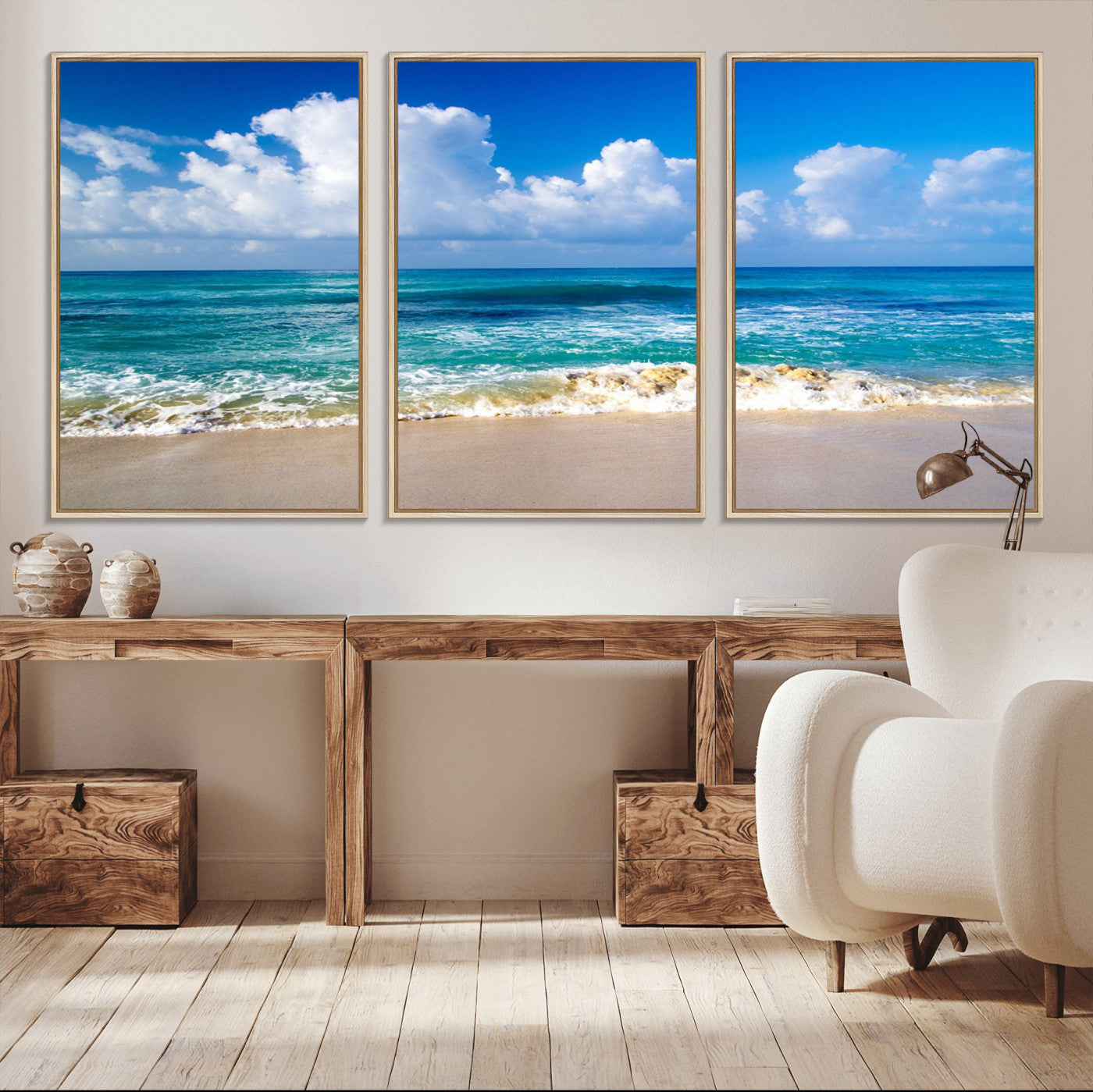 -Tropical Beach 3-Panel Canvas Wall Art – Serene Ocean Waves and Blue Sky Wall Art Print