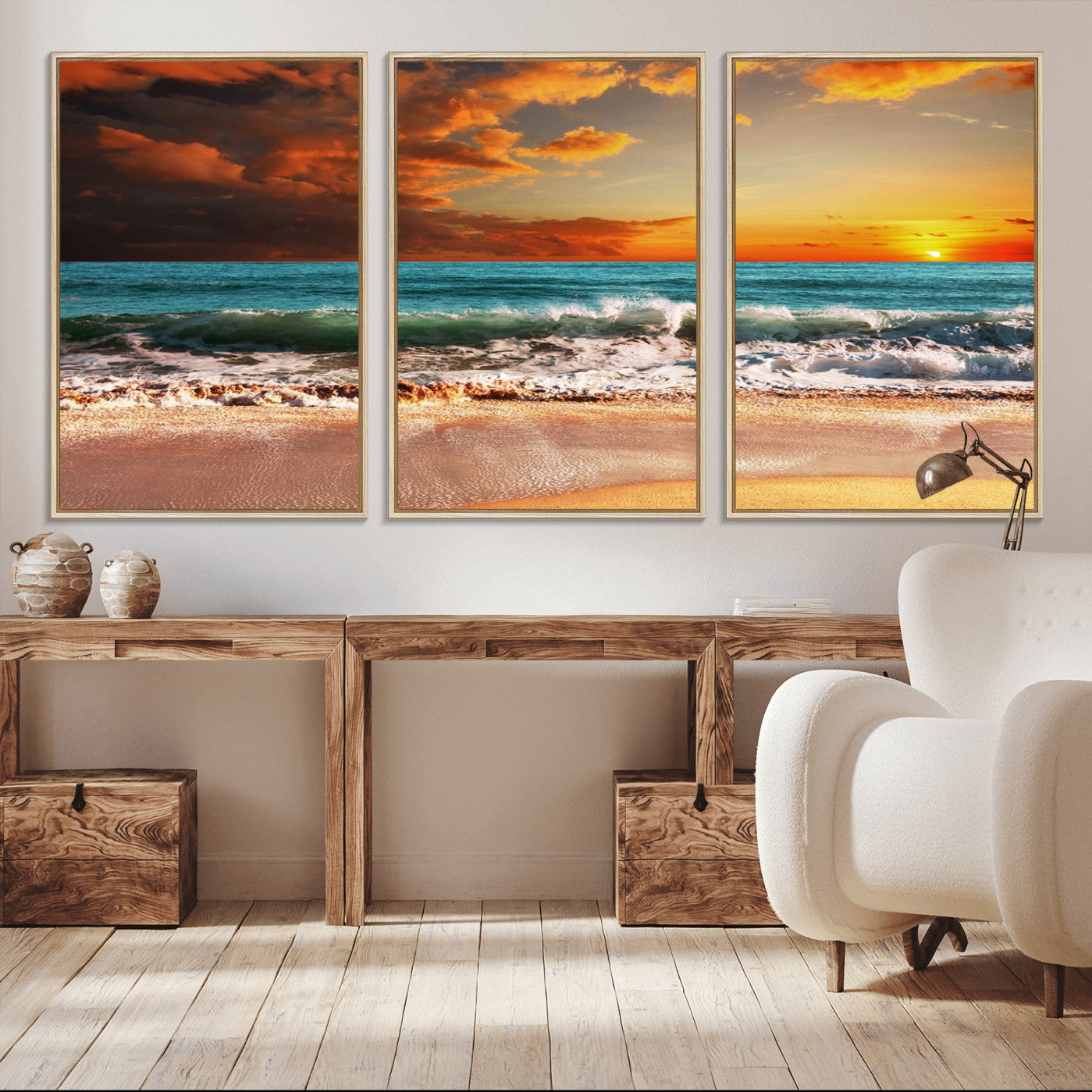-Golden Sunset Beach Canvas Wall Art – Triptych Seascape Print – Framed and Ready to Hang for Living