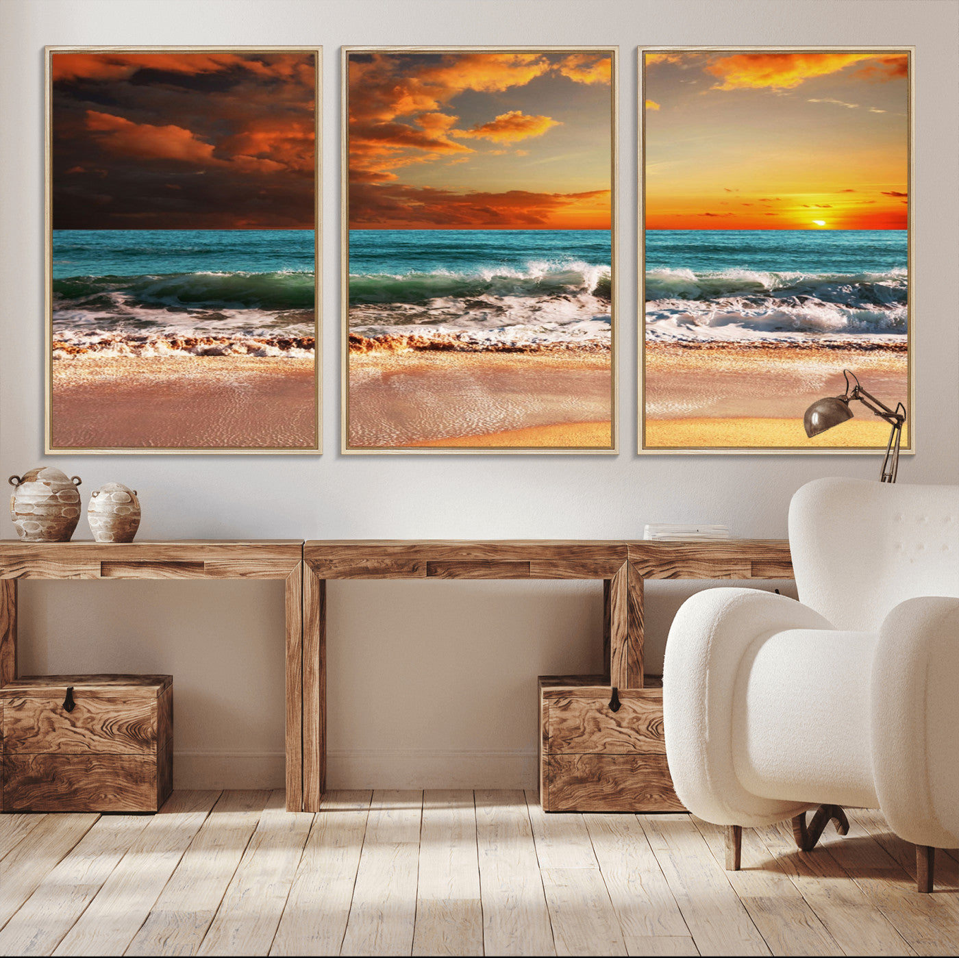 -Golden Sunset Beach Canvas Wall Art – Triptych Seascape Print – Framed and Ready to Hang for Living