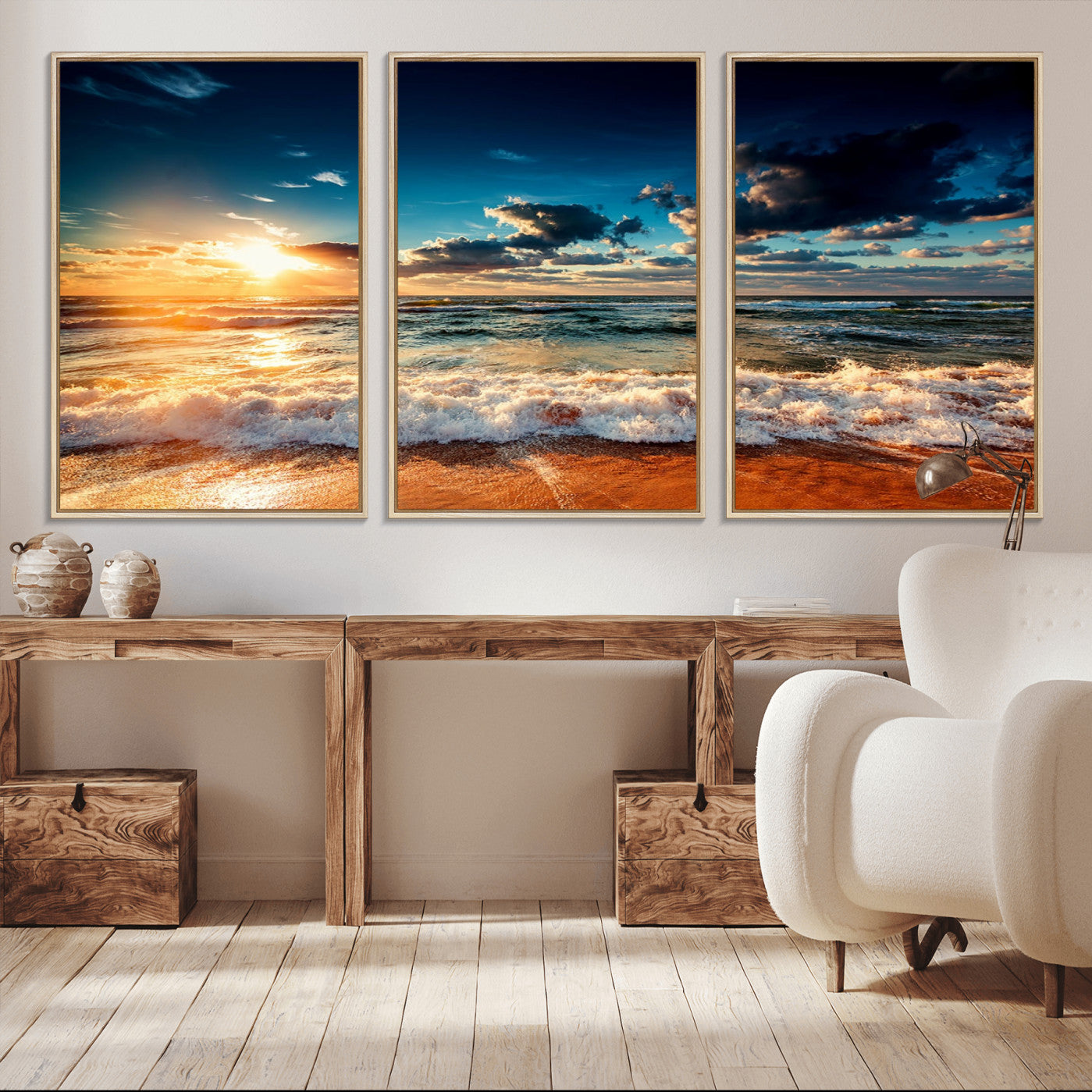 -Golden Hour Sunset Over Ocean Waves Wall Art Canvas Print | 3 Panel Coastal Landscape Canvas Wall