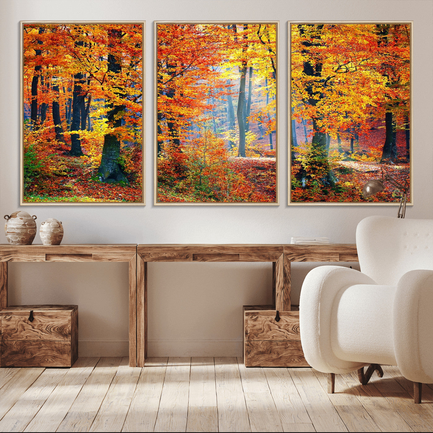91746-MGV-FC-60X30-3P_Natural-Autumn Red Forest Triptych Canvas Wall Art Print, Forest Wall Decor, Fall Landscape Art | Season