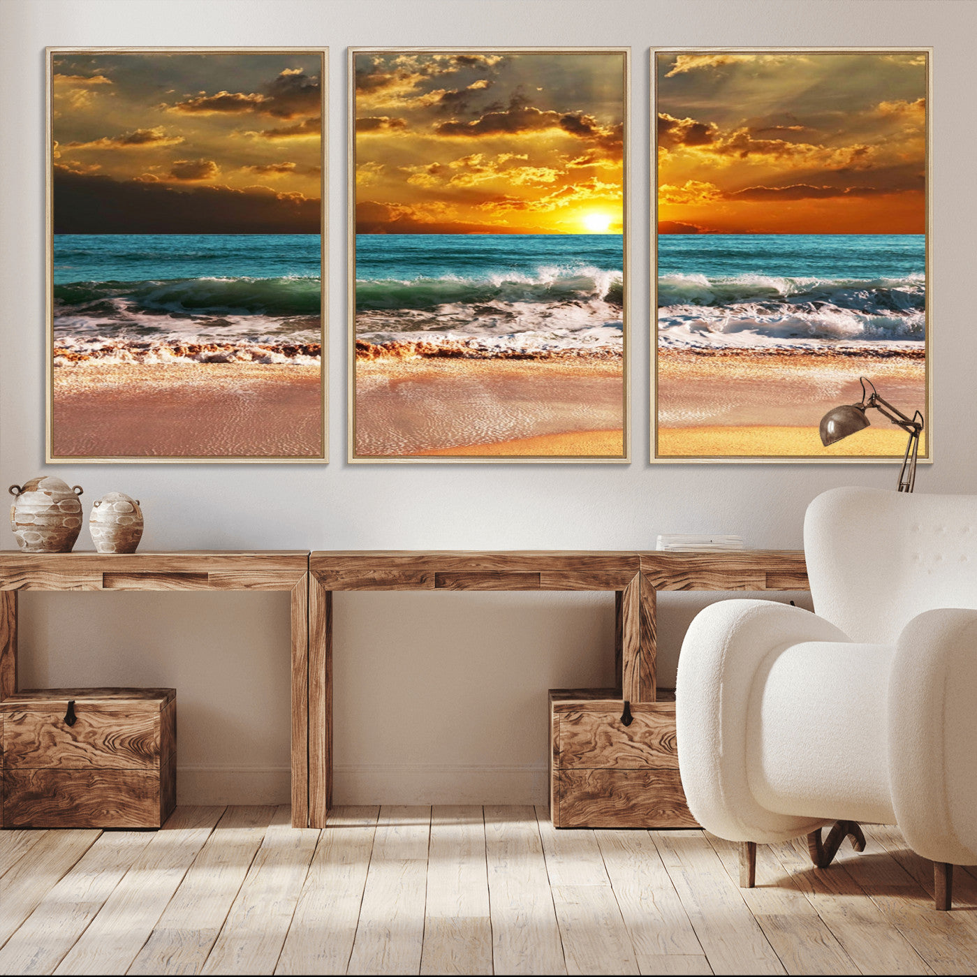 16495-MGV-FC-60X30-3P_Natural-Golden Sunset Beach Canvas Wall Art – Triptych Seascape Print – Framed and Ready to Hang for Living