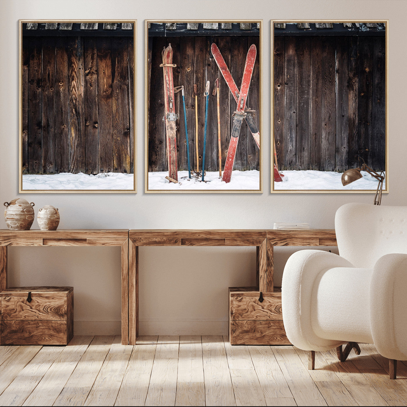 -Vintage Ski Gear Canvas Print, Vintage Ski Gear Against Wooden Cabin Wall, Rustic Winter Sports