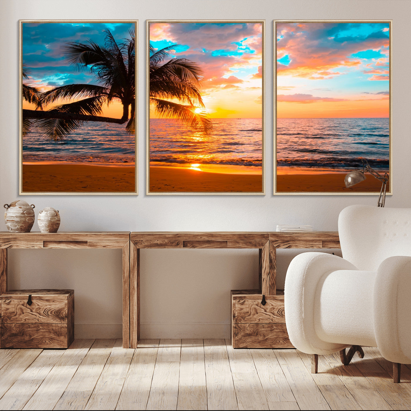 34674-MGV-CV-36X24-Palm Tree Sunset On The Beach Wall Art Canvas, Framed Palm Tree Sunset Canvas Print