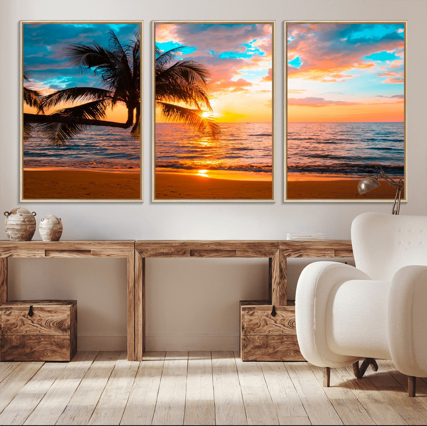 -Palm Tree Sunset On The Beach Wall Art Canvas, Framed Palm Tree Sunset Canvas Print