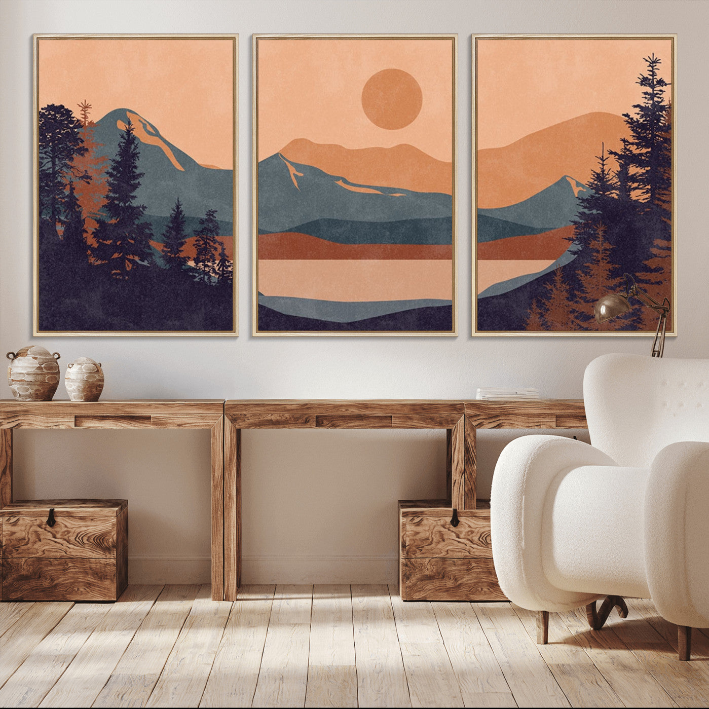 -Modern Boho Sunset Canvas Print, Mountain Landscape Triptych – Giclée Canvas Art Print for Living
