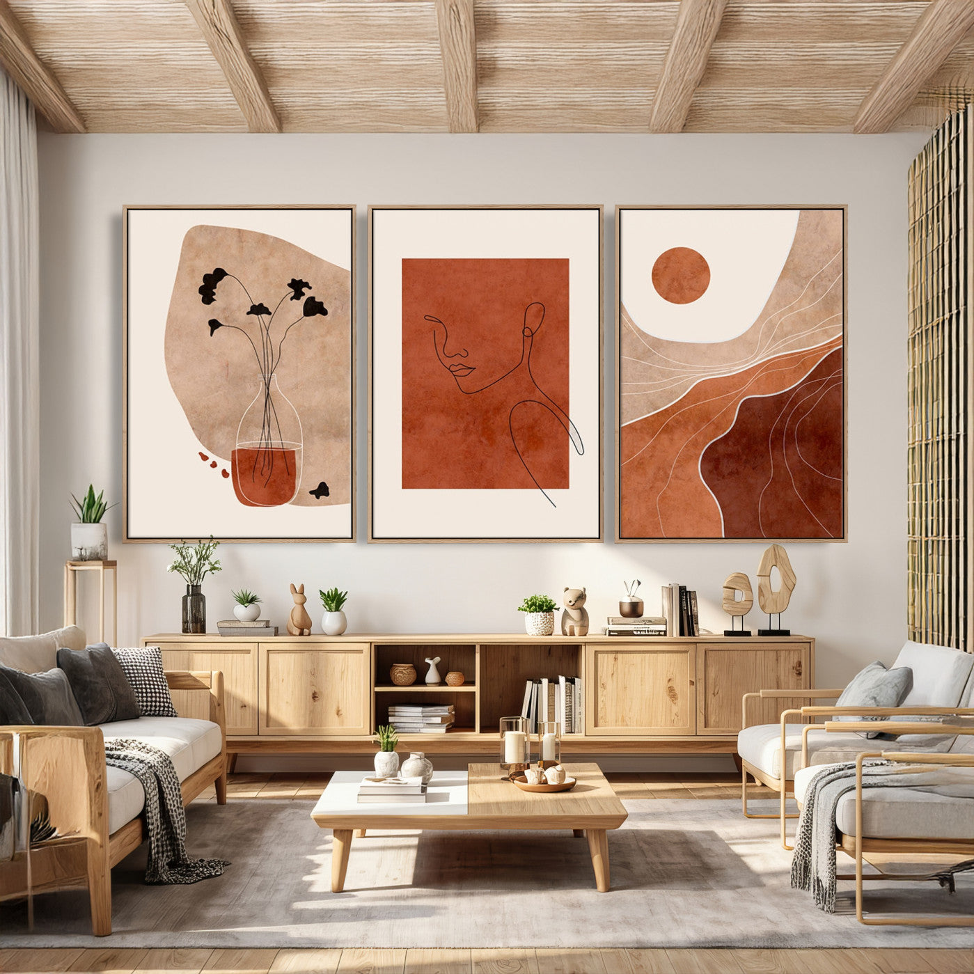 56768-MGV-CV-60X30-3P - Boho Sunset Mountain Canvas Print, Modern Boho Sunset Mountain Landscape Triptych – Giclée Canvas